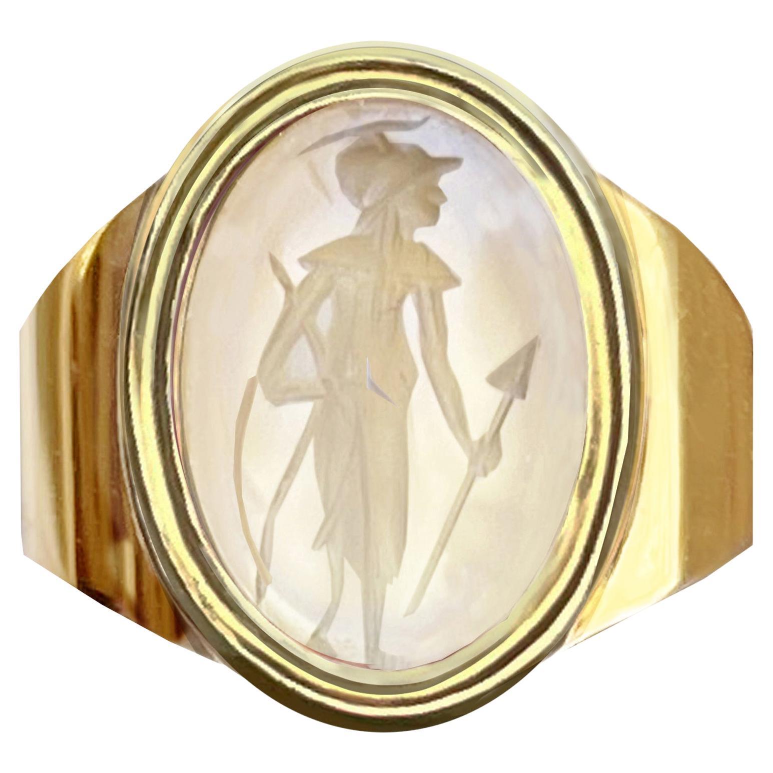 Roman Agate Intaglio '2nd Cent, AD' Depicting the Goddess Athena 18 Kt Gold Ring