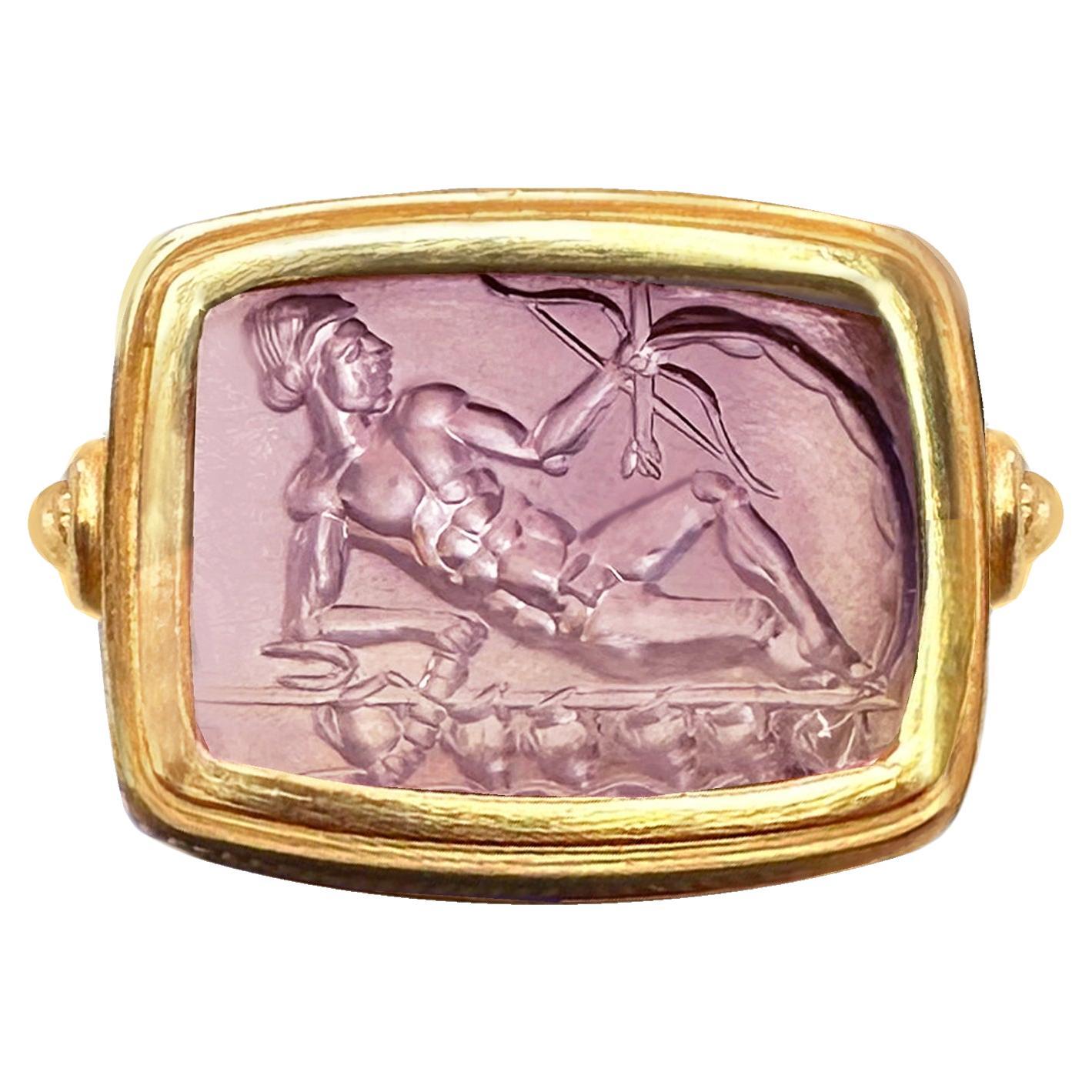 Roman Amethyst Intaglio 1st-2nd Cent, AD 18 Kt Gold Ring Depicting God Apollo