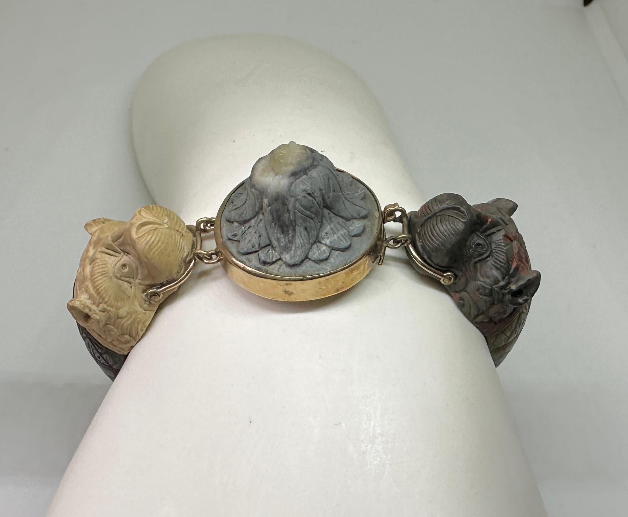 Roman Animal Dog Lion Sea Serpent Lava Cameo Bracelet Gold Rare Museum Quality 7