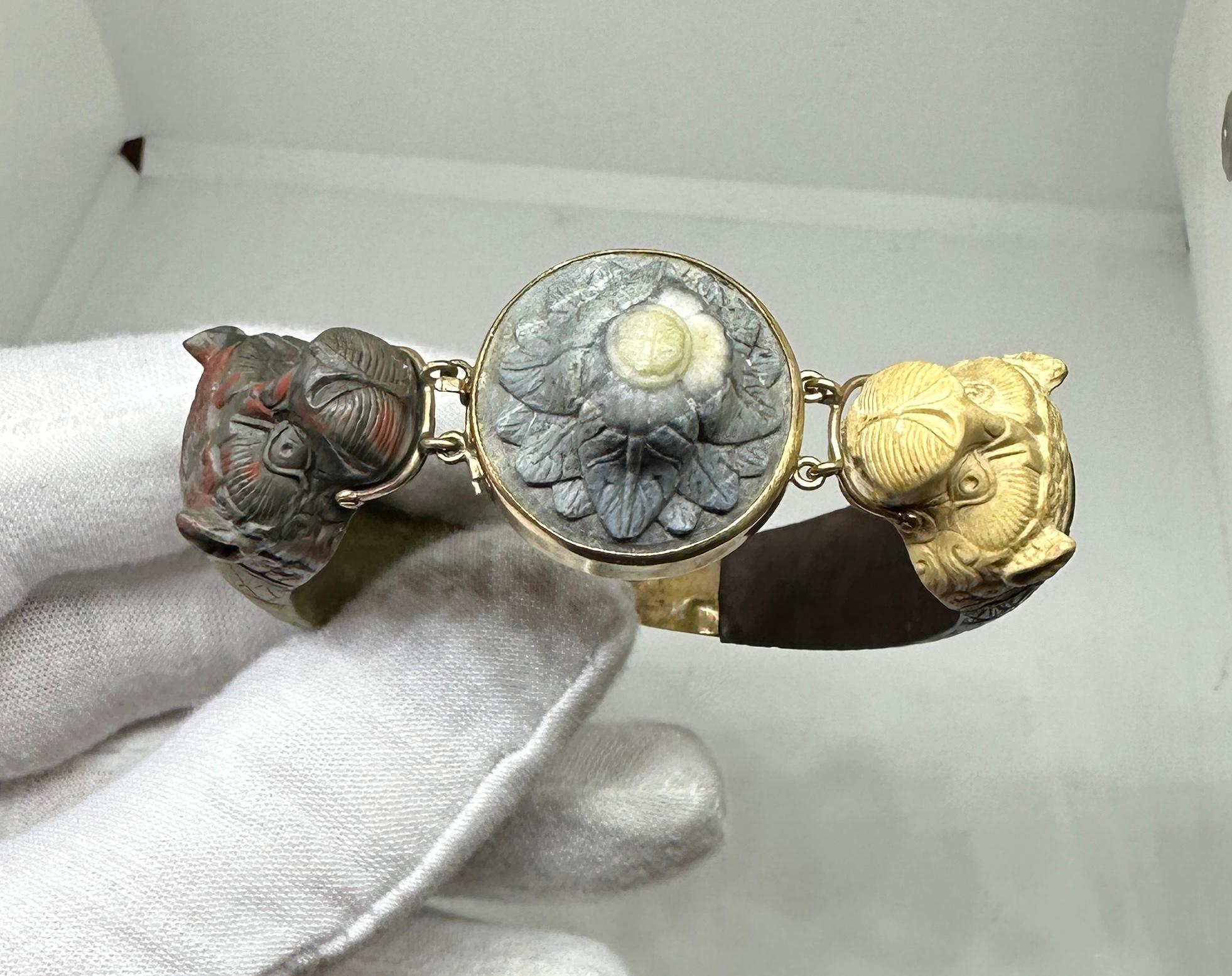 Victorian Roman Animal Dog Lion Sea Serpent Lava Cameo Bracelet Gold Rare Museum Quality