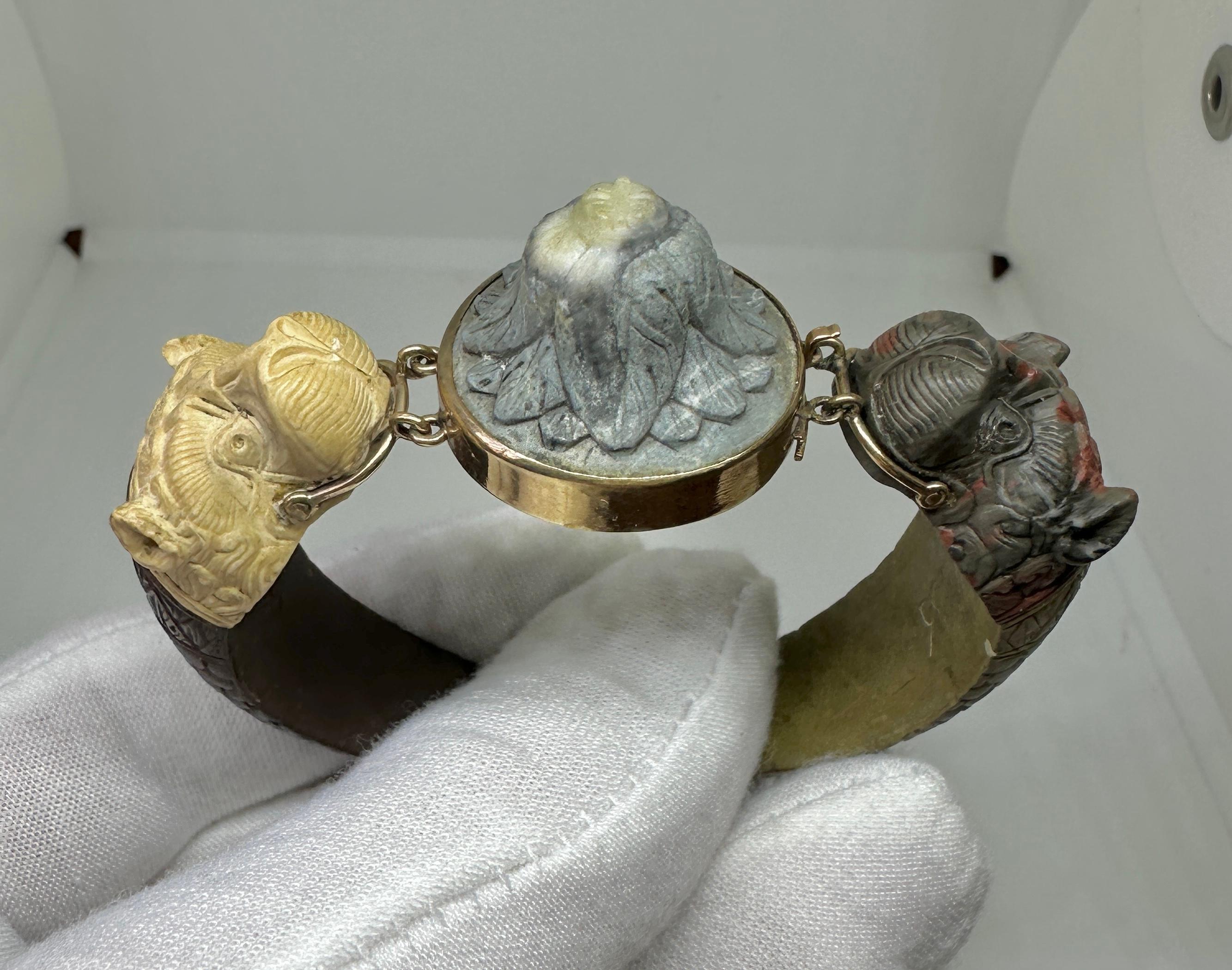Women's or Men's Roman Animal Dog Lion Sea Serpent Lava Cameo Bracelet Gold Rare Museum Quality