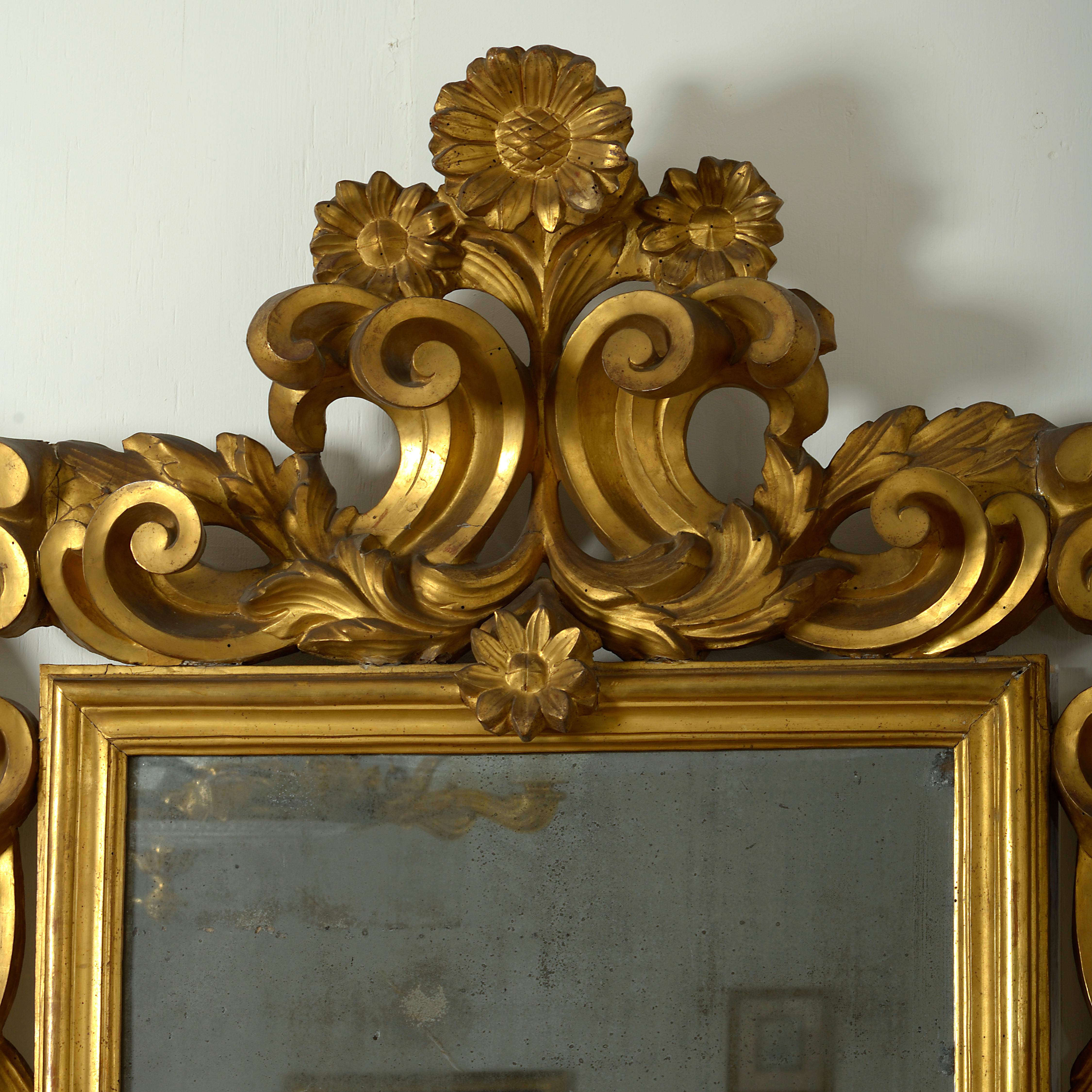 A magnificent roman baroque giltwood mirror boldly carved with interlaced scrolls, acanthus and sunflowers, circa 1680.

With original gilding.
