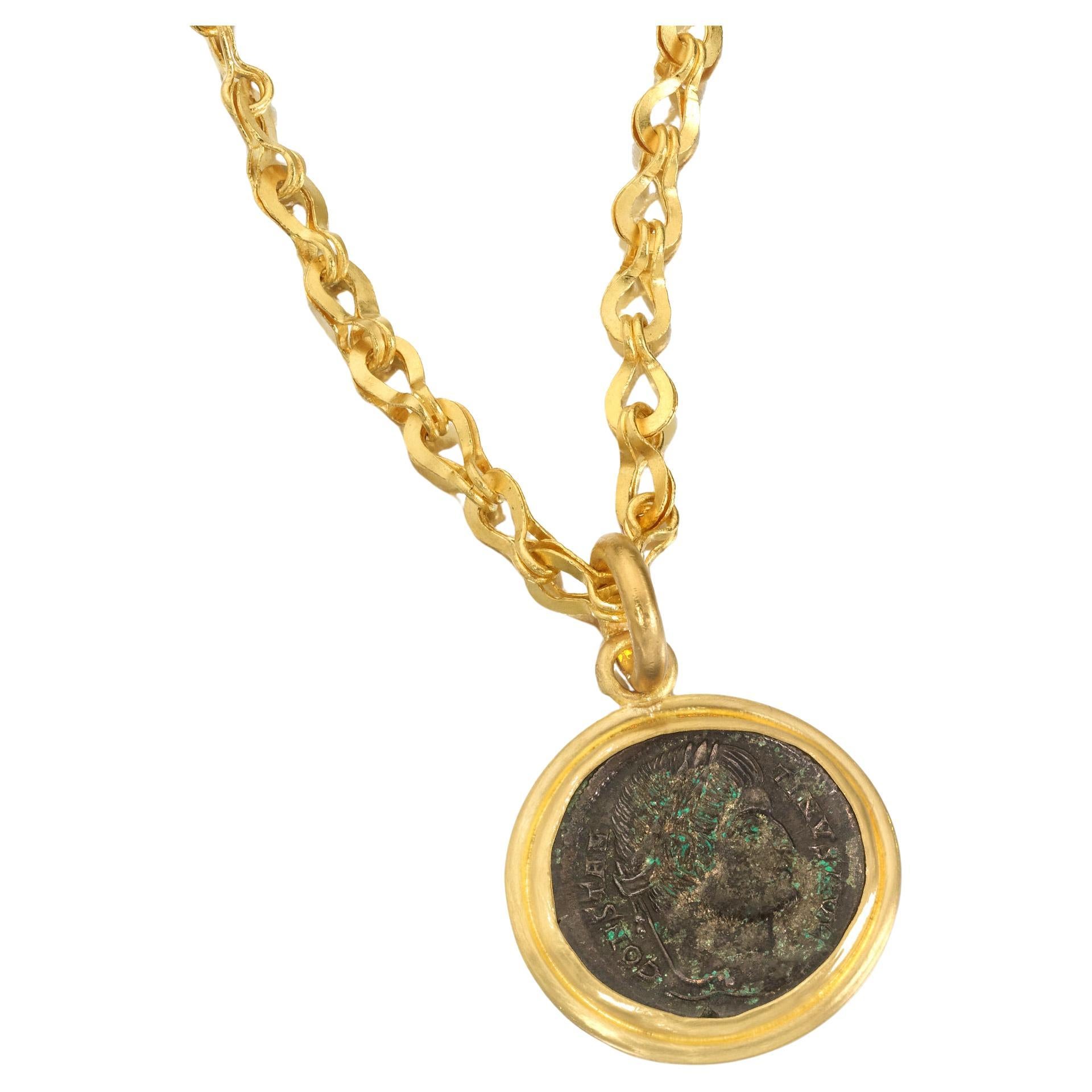 Pendentif pièce de monnaie romaine en bronze et or 22 carats