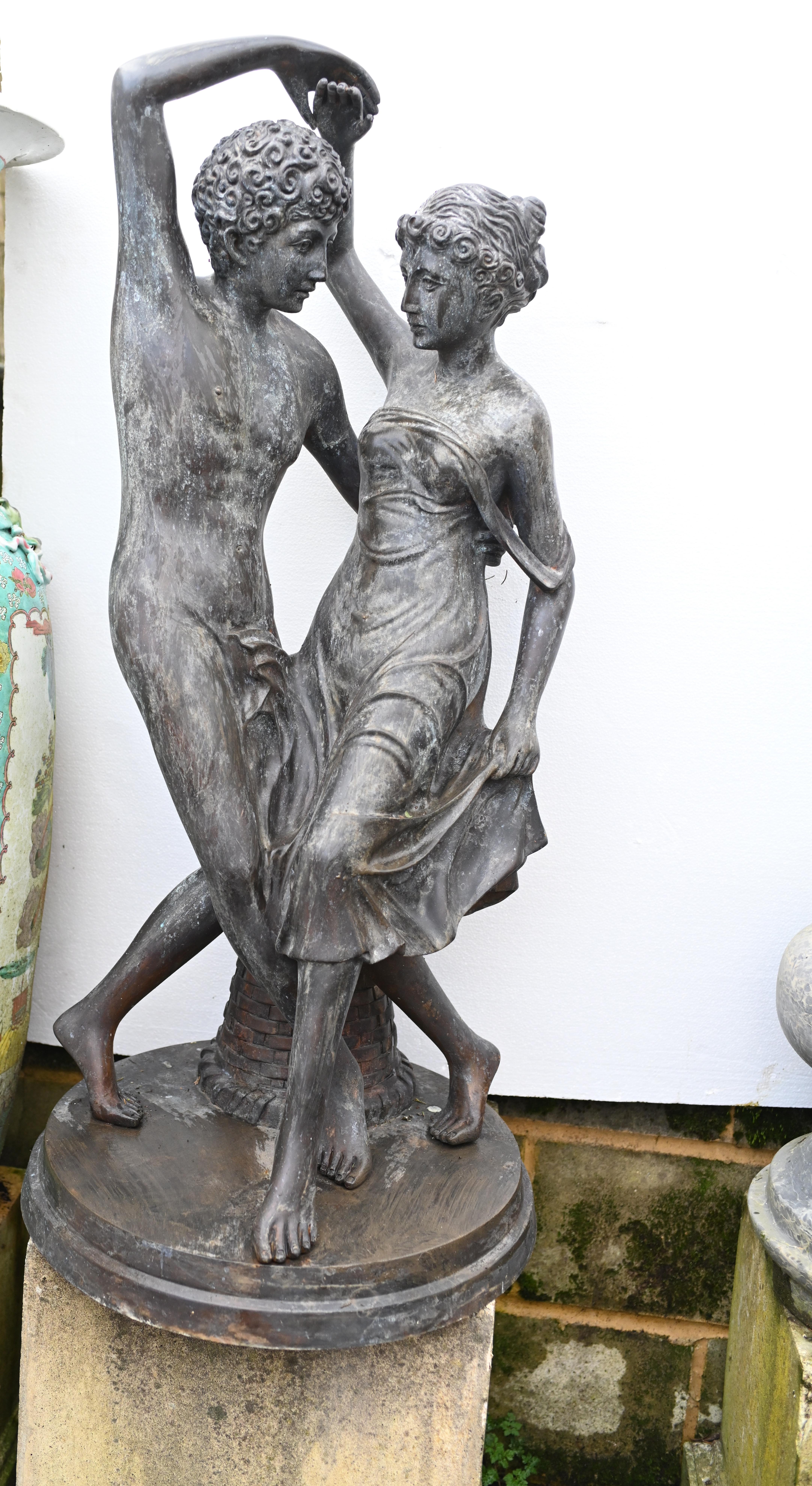 Eye catching Italian bronze depicting a pair of dancing Romans
Male is semi nude whilst female is toga clad
Good size at almost four feet tall - 114 CM
Would add an air of classical antiquity to any garden or room
Great collectors piece and of