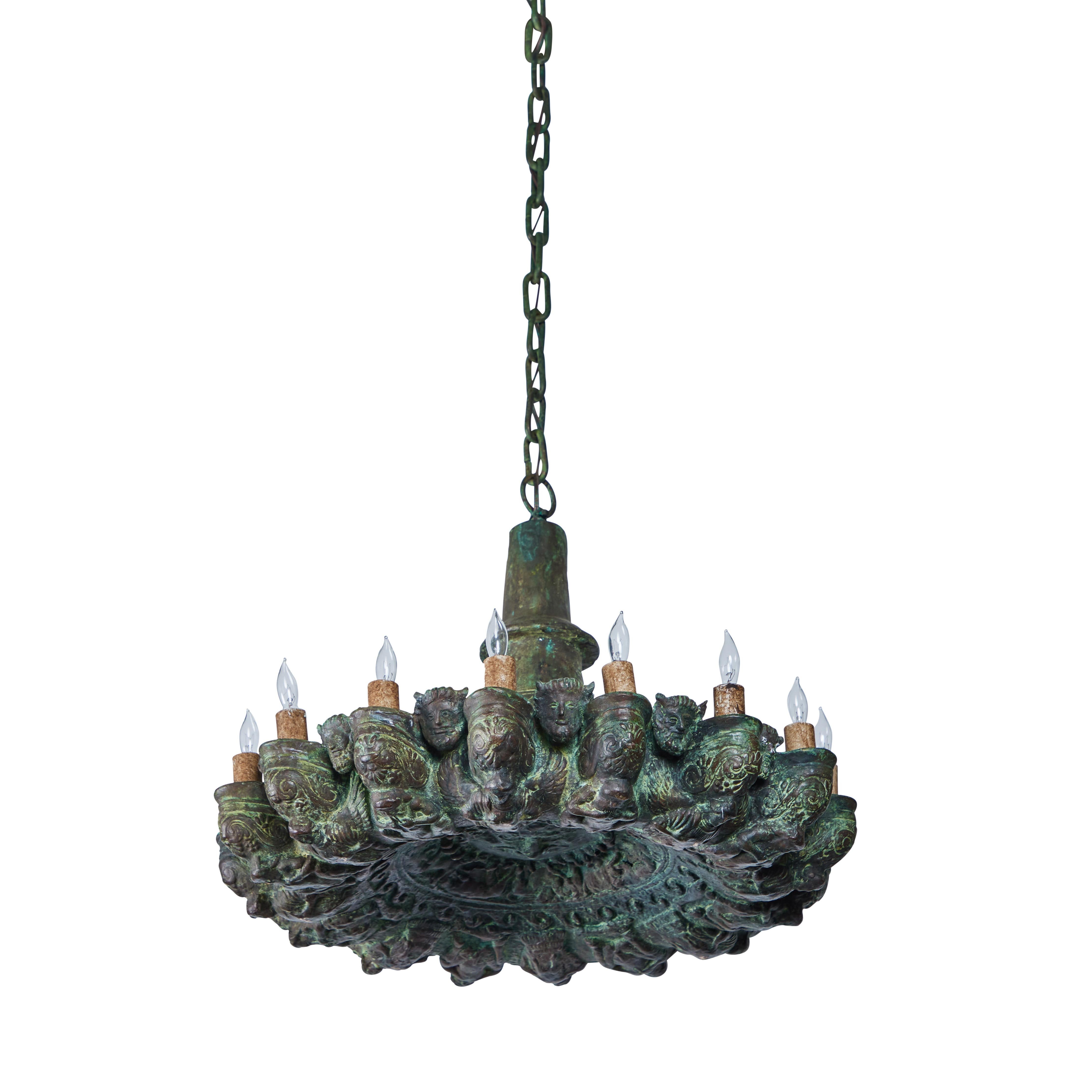 A cast verdigris bronze reproduction of a Roman gas light featuring mythological figures and monkeys. Center medallion is a stylized figural sun.               
26
