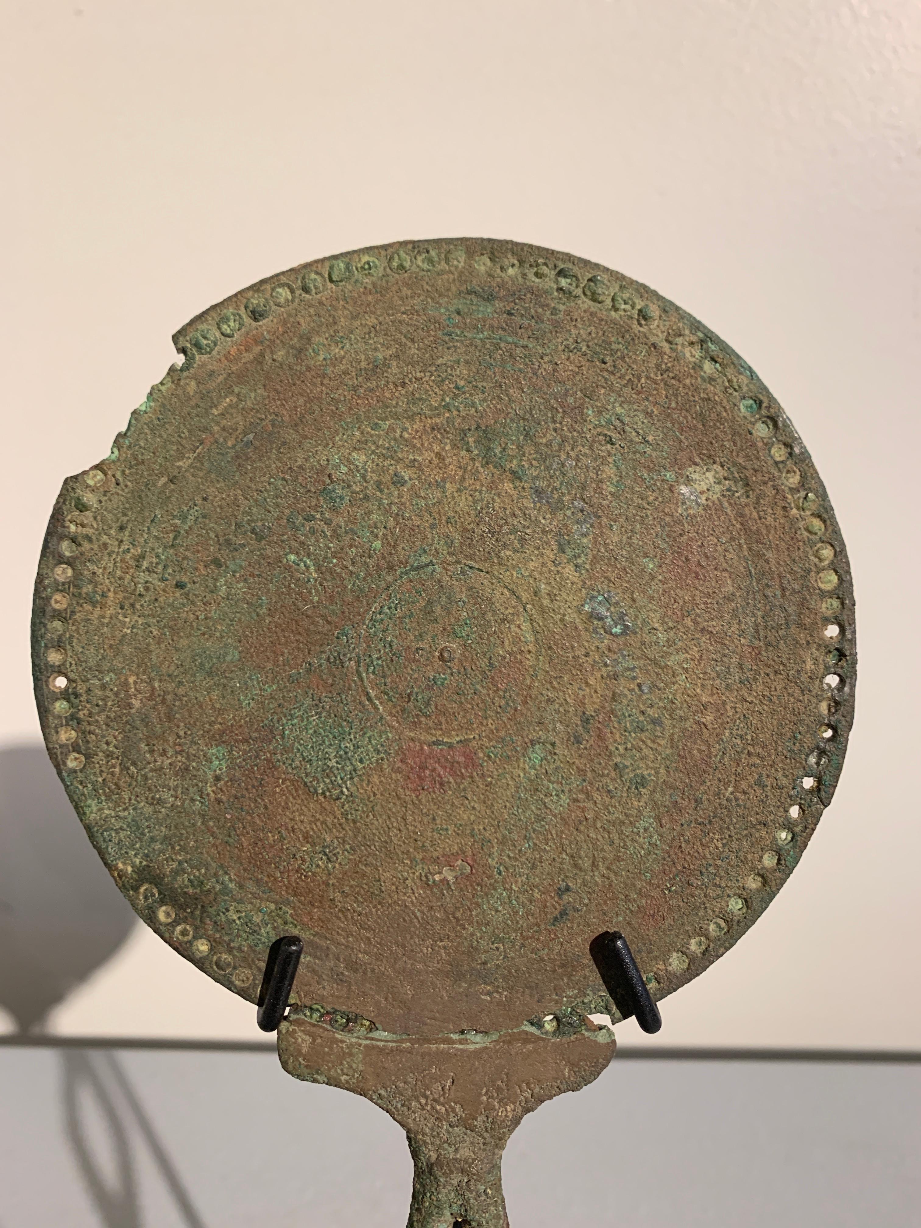 18th Century and Earlier Roman Bronze Hand Mirror with Beautiful Patina, circa 1st Century For Sale