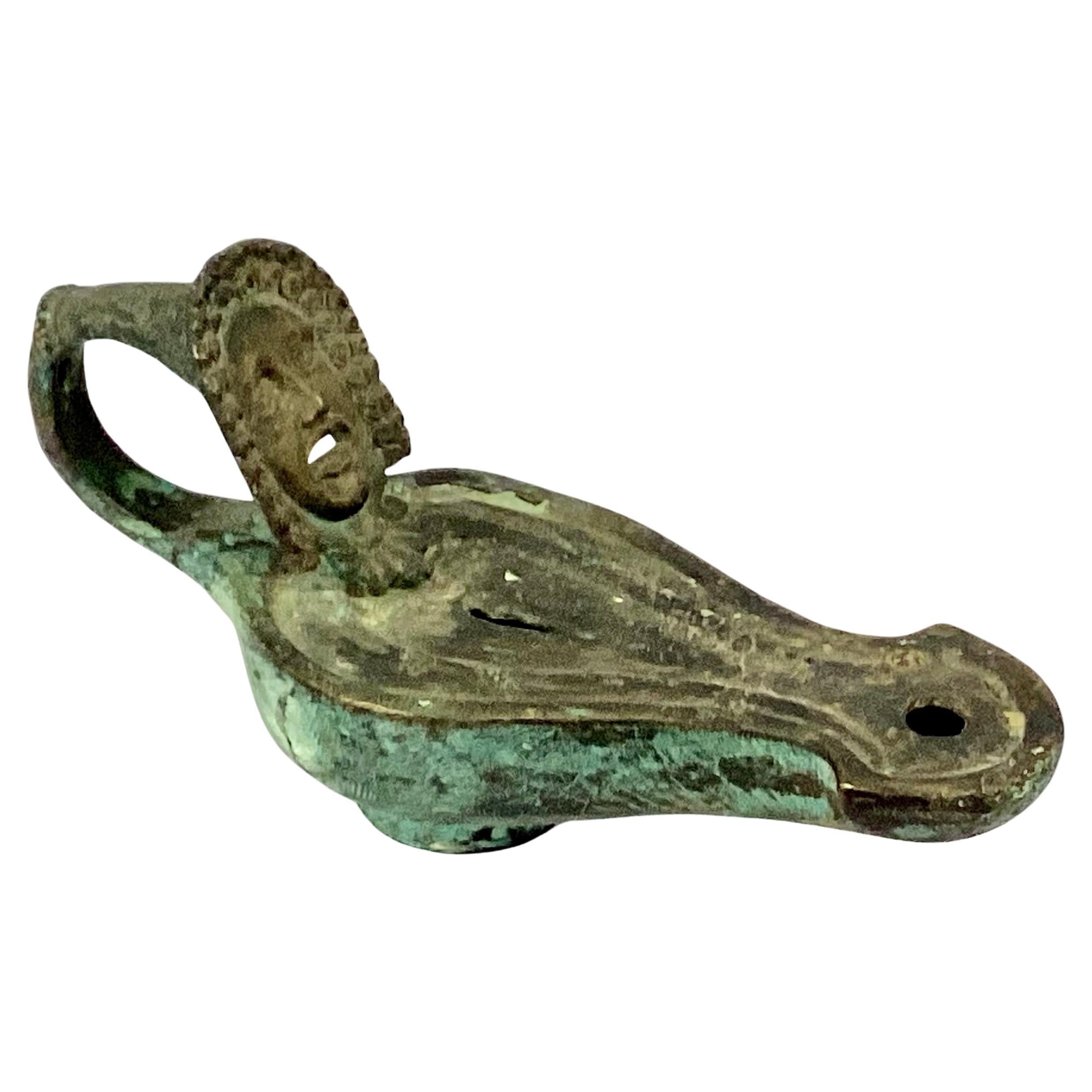 Grand Tour Roman Bronze Oil Lamp With Theatrical Mask Handle For Sale