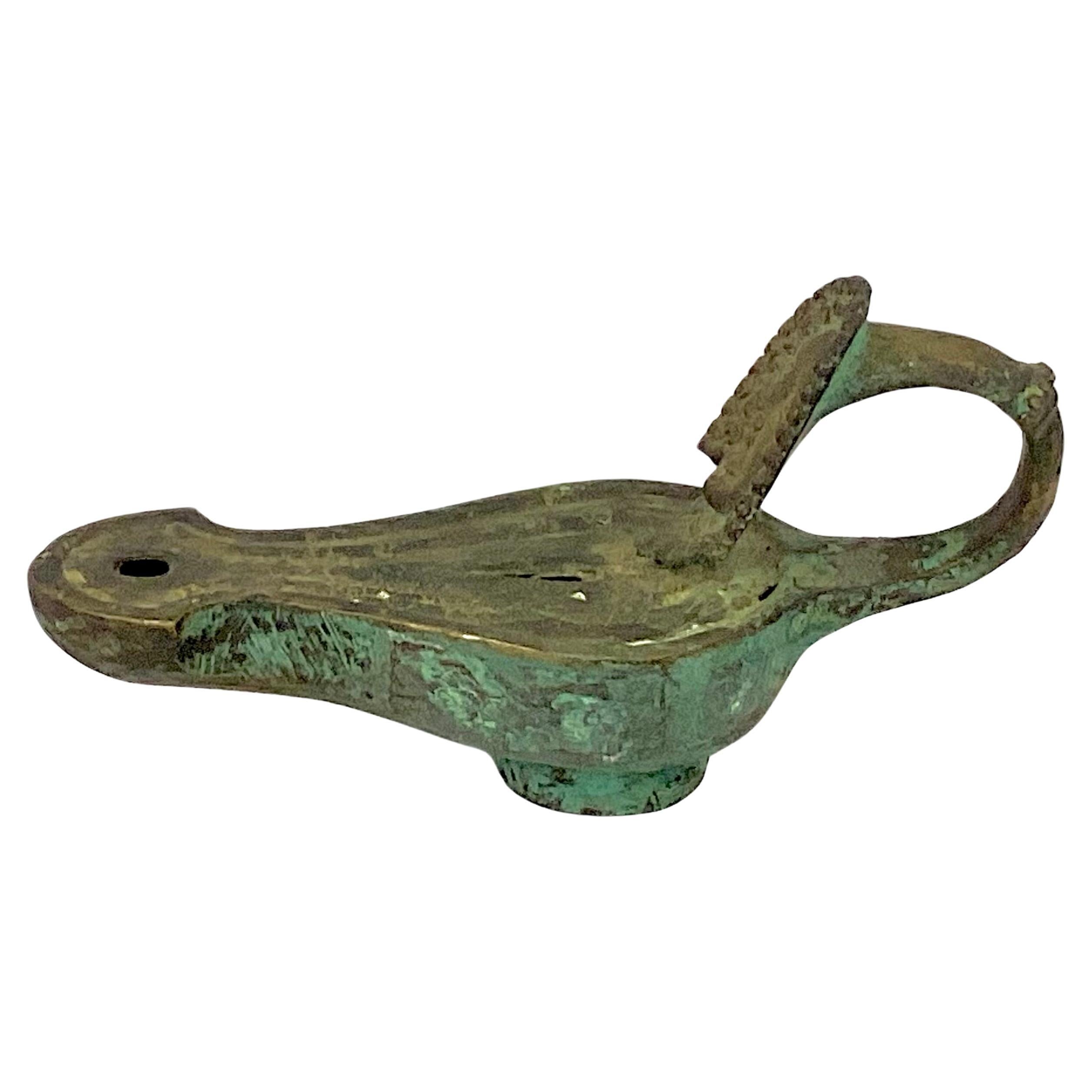 Italian Roman Bronze Oil Lamp With Theatrical Mask Handle For Sale