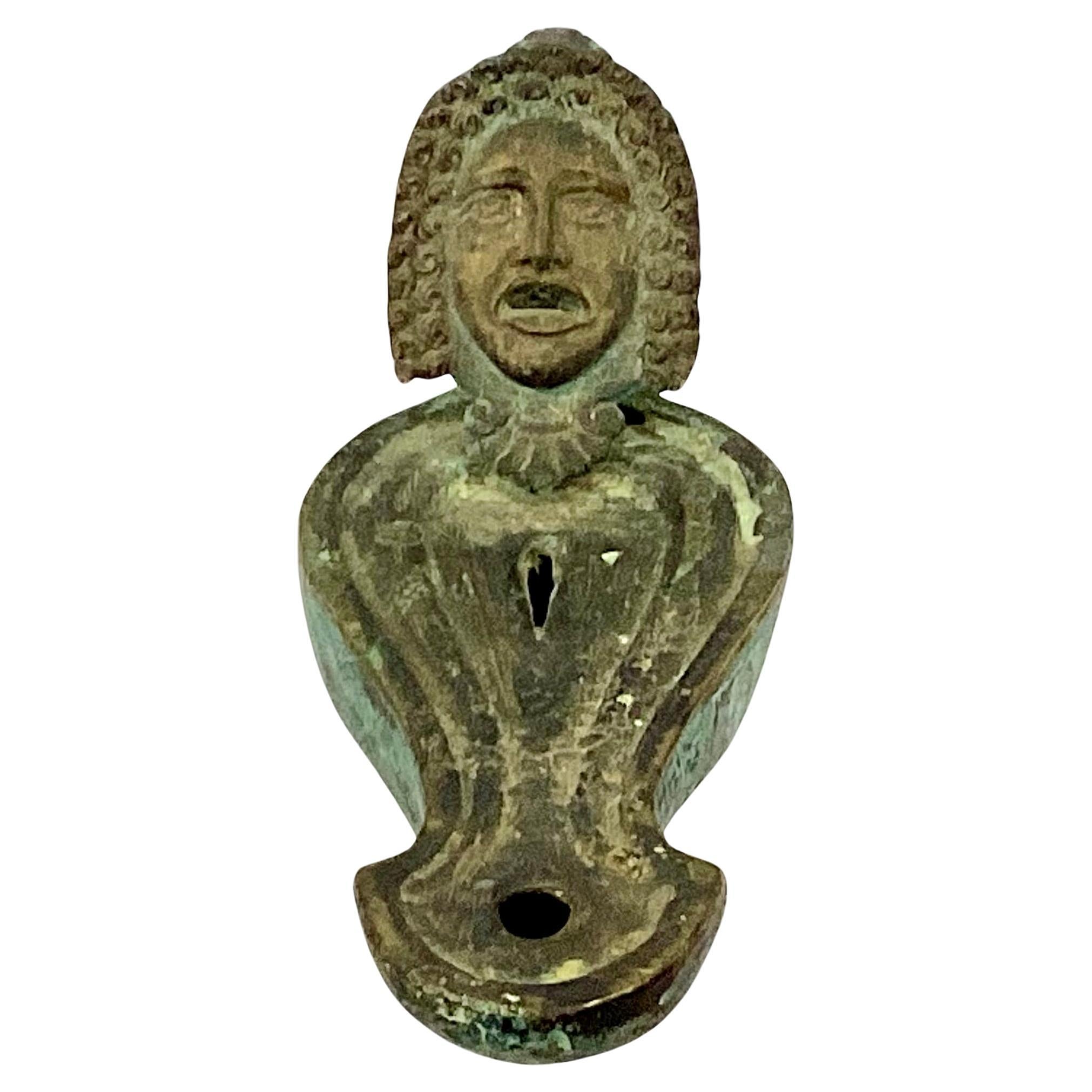 Roman Bronze Oil Lamp With Theatrical Mask Handle In Good Condition For Sale In Bradenton, FL