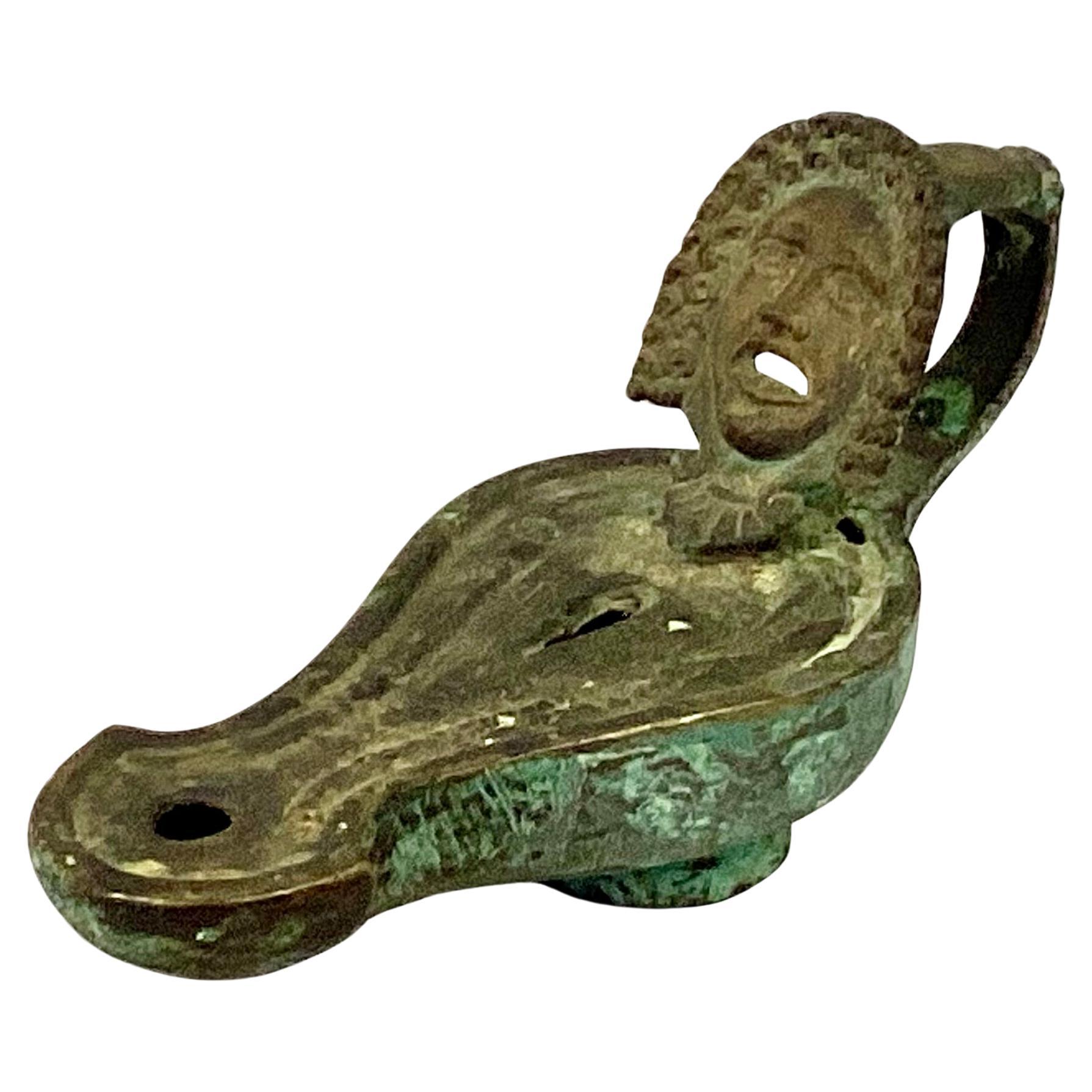 19th Century Roman Bronze Oil Lamp With Theatrical Mask Handle For Sale