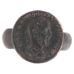 Roman Bronze Ring With Portrait Relief Of Pupienus Maximus Coin Circa 238 AD