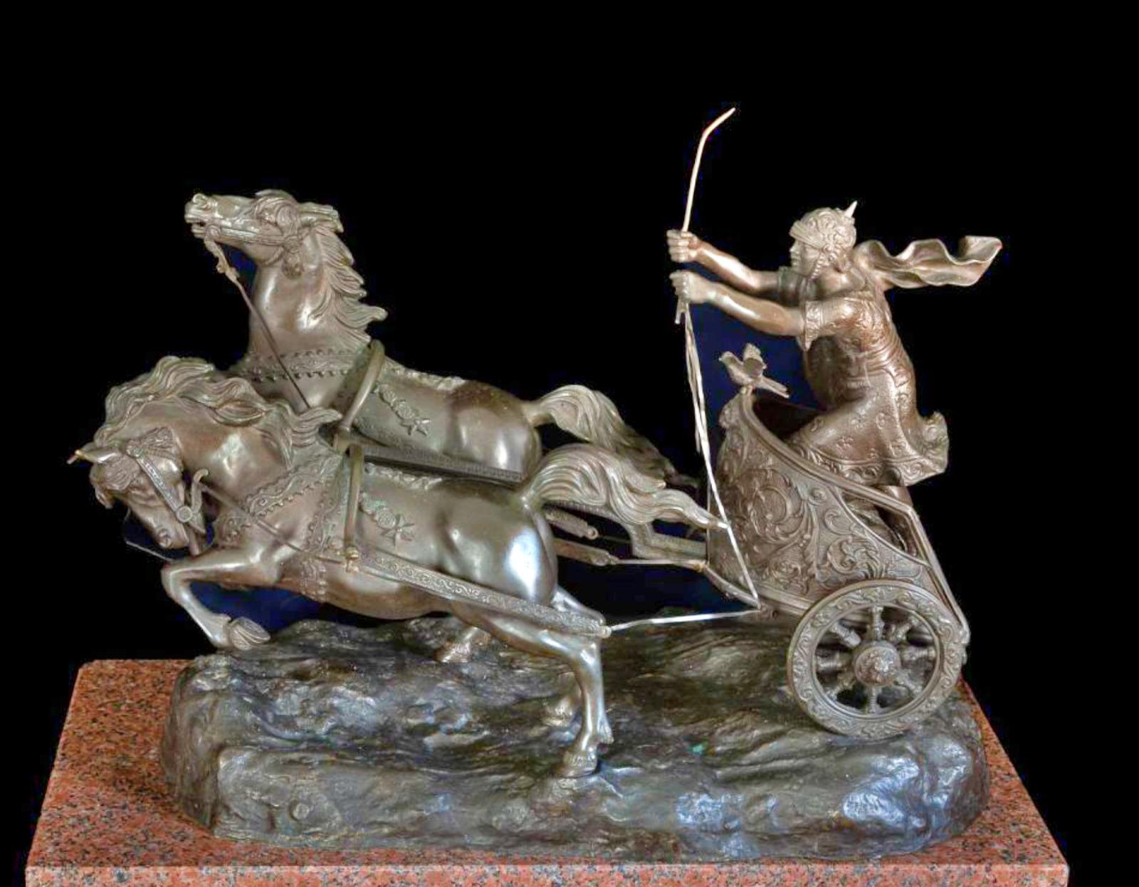 Hand-Crafted Roman Bronze Sculpture Depicts Roman Chariot 19th Century For Sale