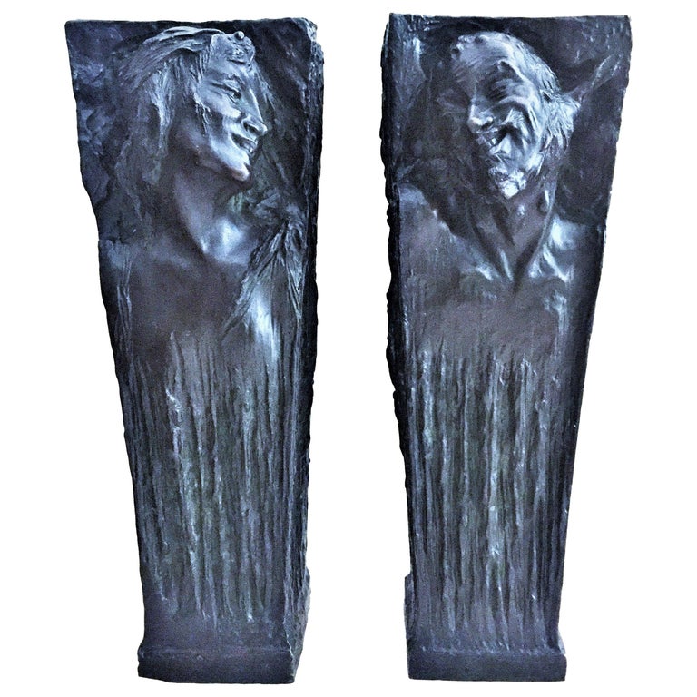 Roman Bronze Works, a Pair of Bronze Vases with Nymph and Satyr Relief