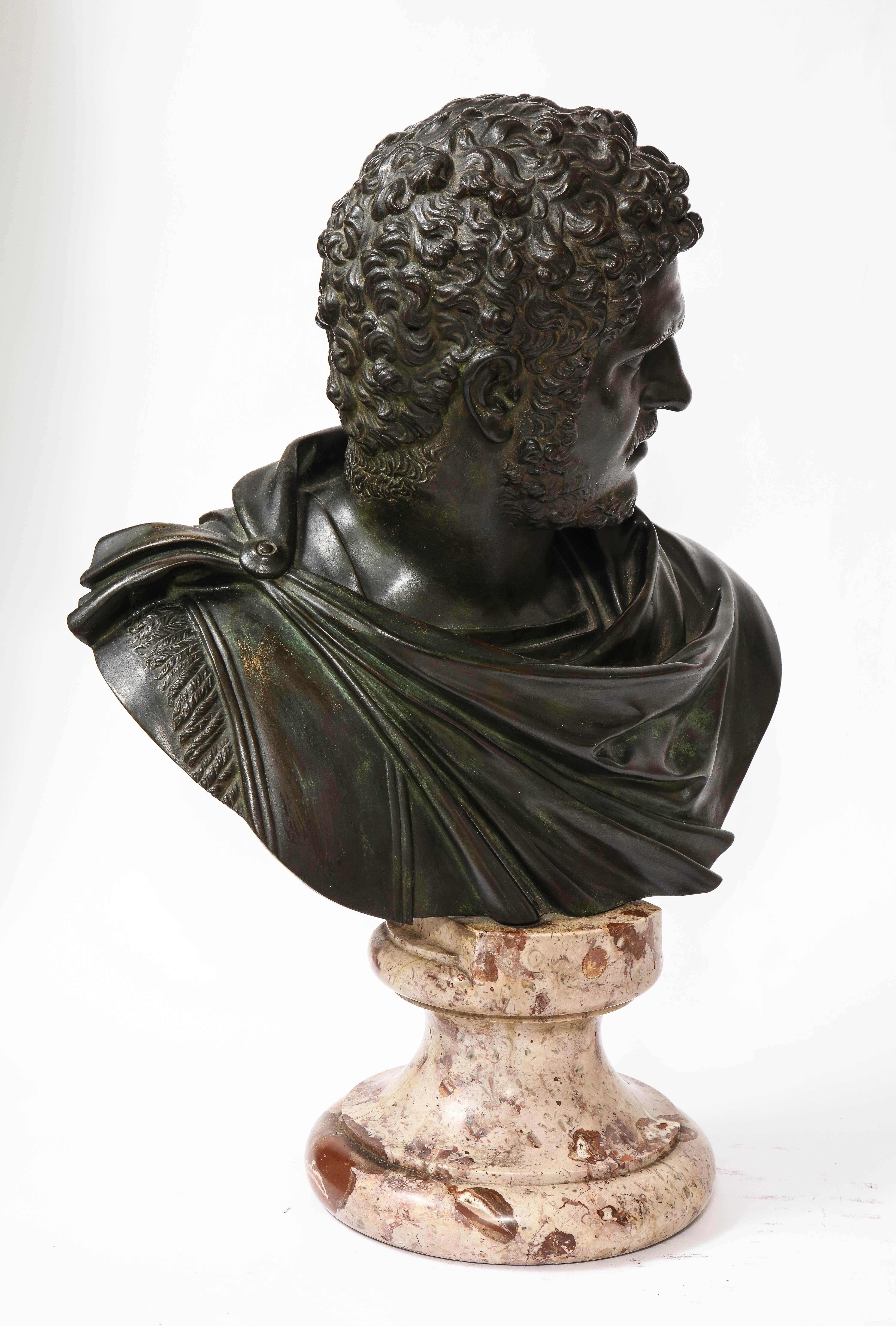 Hand-Carved Roman Bust Bronze &Marble Grand Tour Roman Emperor Caracalla, Attr; B. Boschetti For Sale