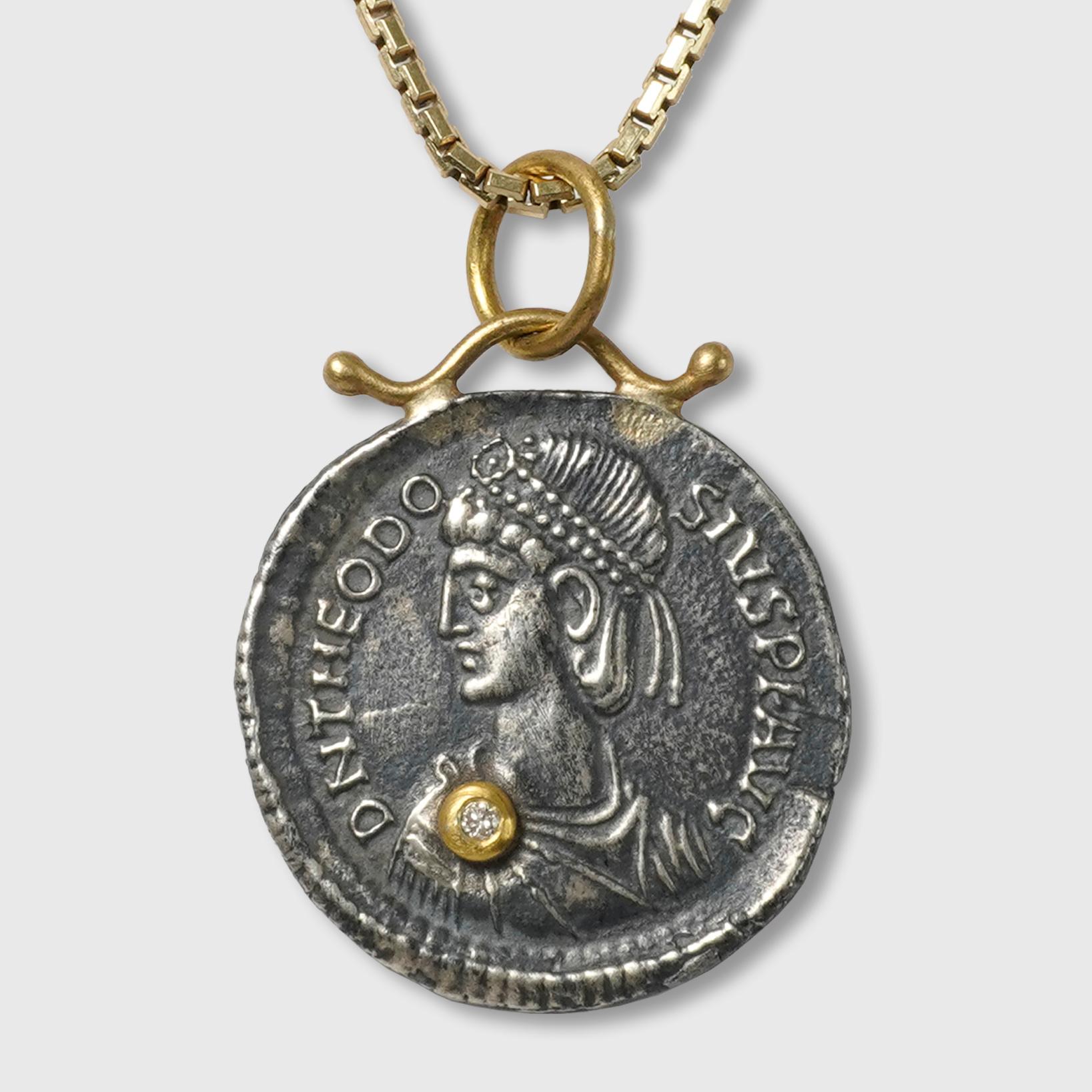 Classical Roman Roman Caesar Coin Replica Charm Pendant, 24kt Gold, Silver and 0.02ct Diamond For Sale
