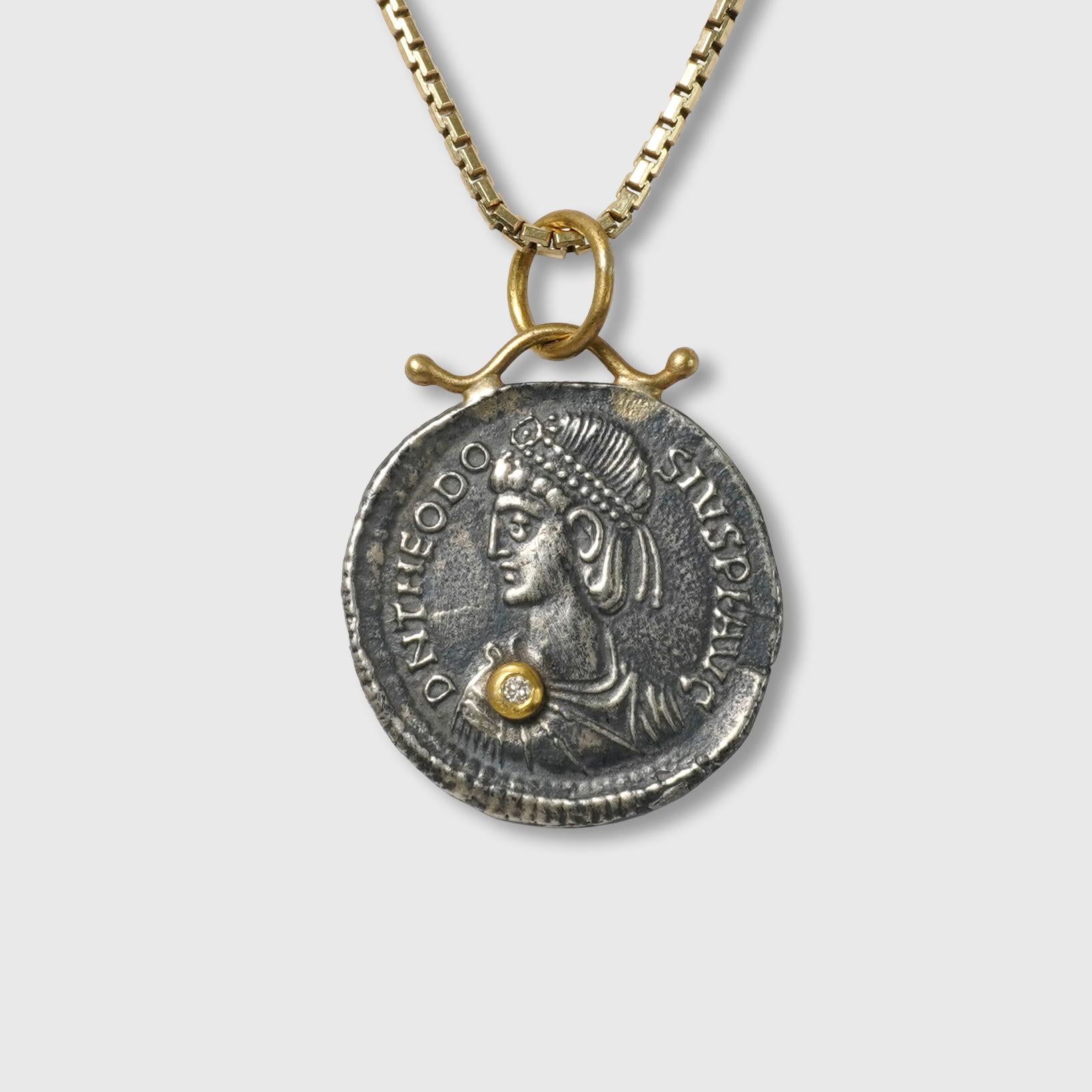 Round Cut Roman Caesar Coin Replica Charm Pendant, 24kt Gold, Silver and 0.02ct Diamond For Sale