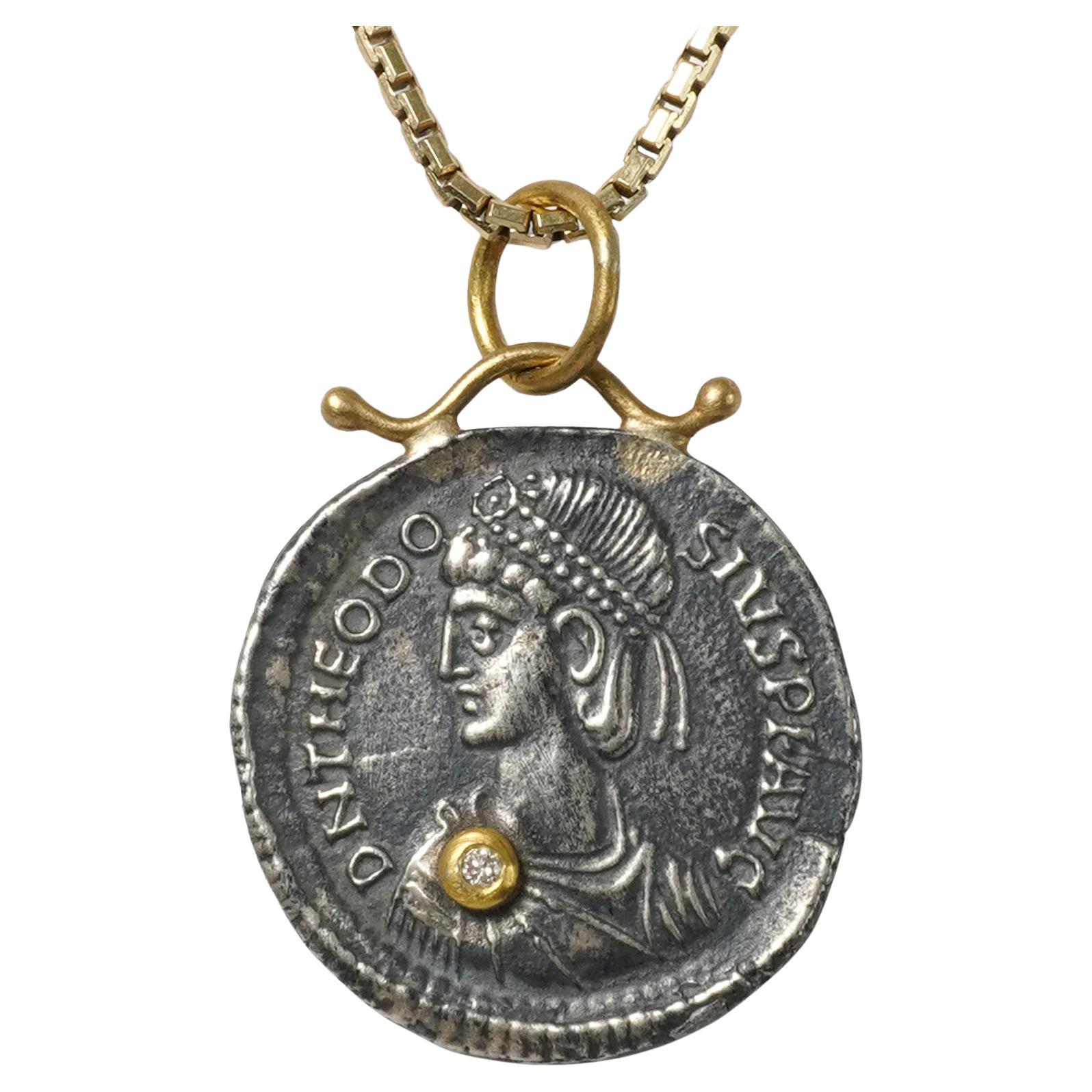 Roman Caesar Coin Replica Charm Pendant, 24kt Gold, Silver and 0.02ct Diamond For Sale