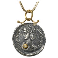 Antique Roman Caesar Coin Replica Charm Pendant, 24kt Gold, Silver and 0.02ct Diamond