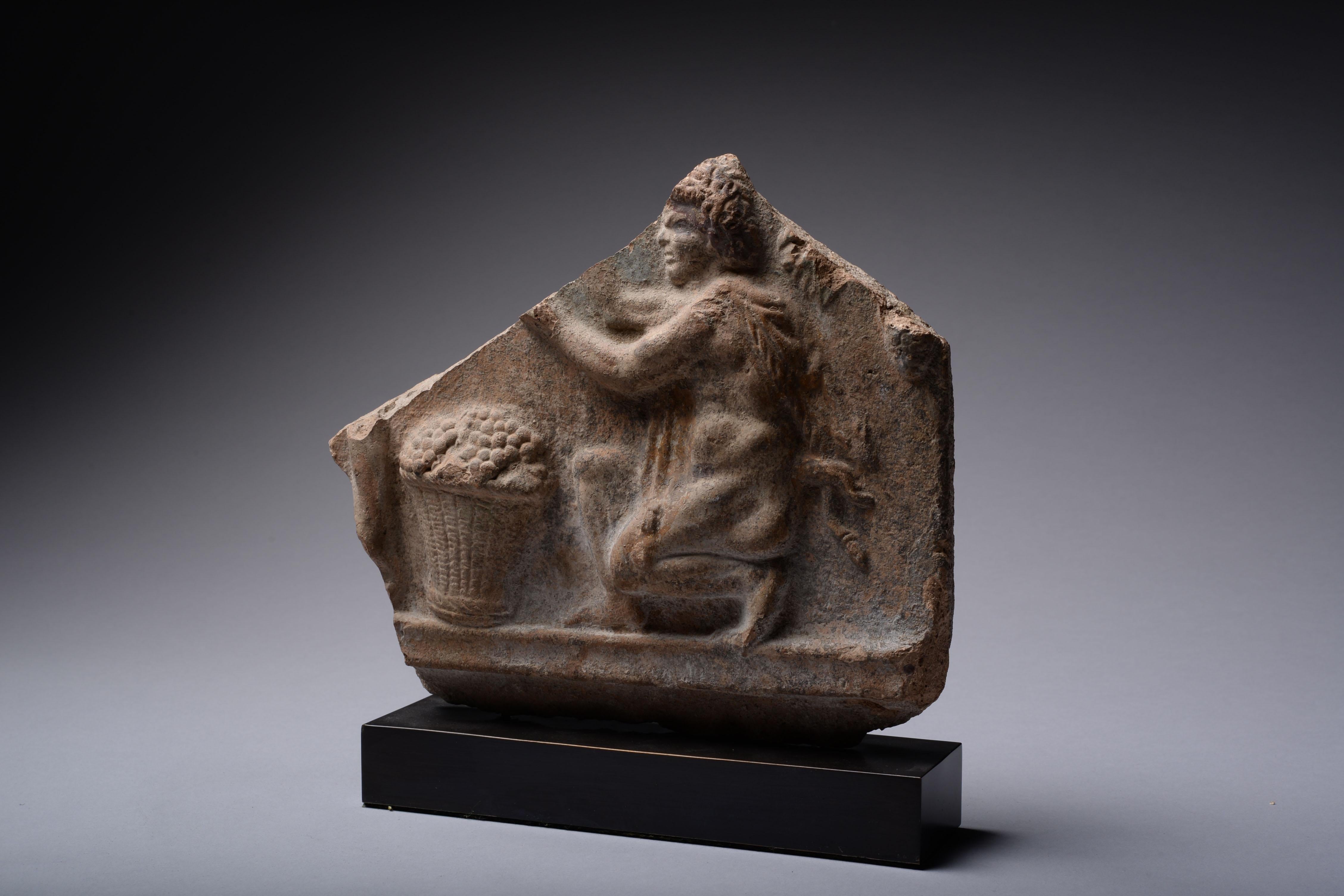 This terracotta relief depicts a kneeling satyr picking bunches of grapes and adding them to his overflowing basket. It originally must have belonged to a larger scene showing the drunken revelries of the wine-making satyrs, the attendants of the