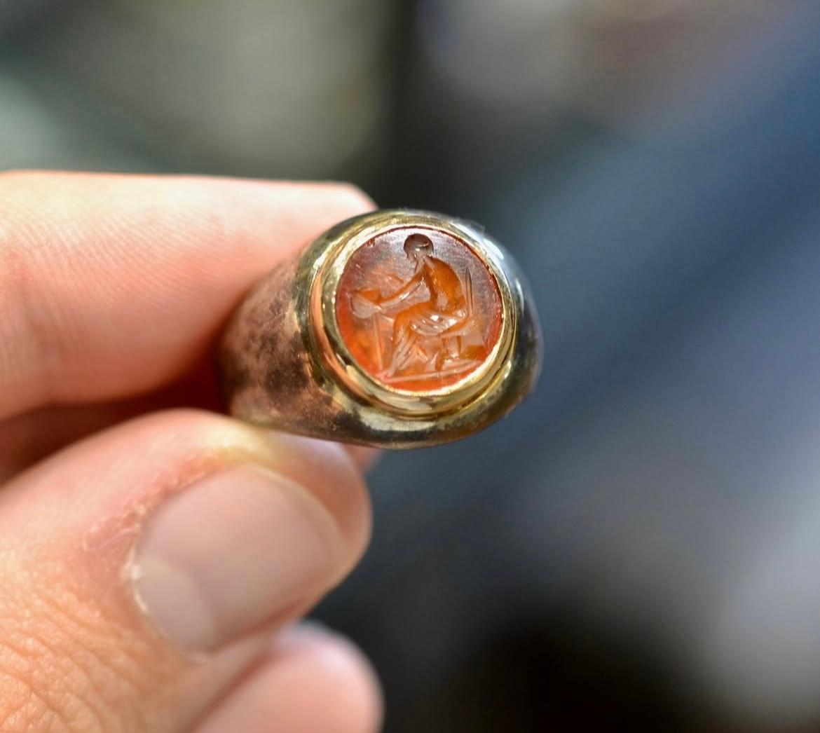 Römischer Karneol  Actor Intaglio Set Silber und Gold Ring circa 2. Jahrhundert A.D im Angebot 1