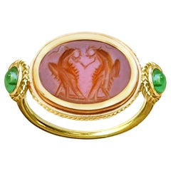 Roman Carnelian Intaglio 2nd-3rd Cent.AD Depicting 2 Eagles 18 Kt Gold Ring 