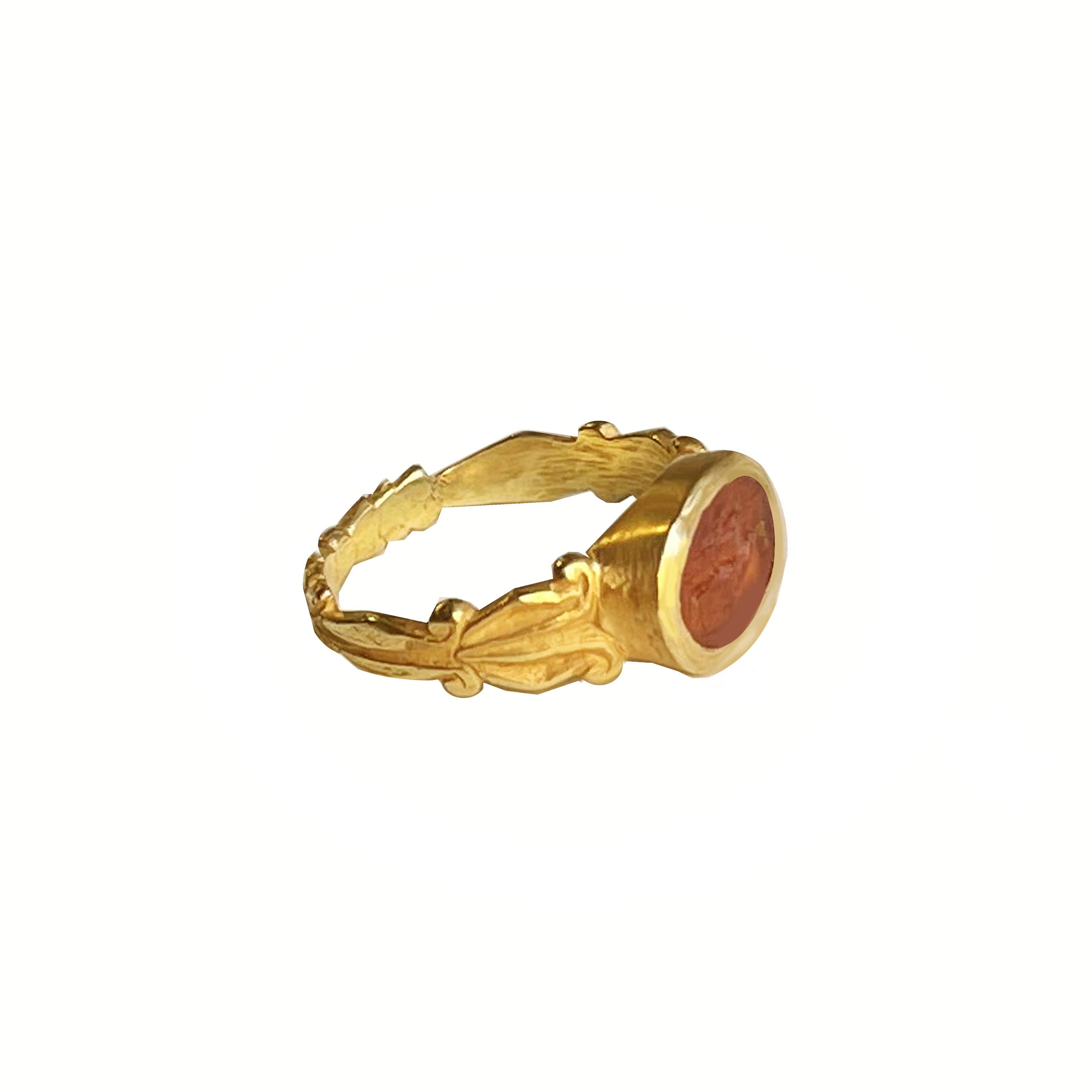 Classical Roman Roman Carnelian Intaglio 2nd Cent. AD 18 Kt Gold Ring Depicting Goddess Fortune