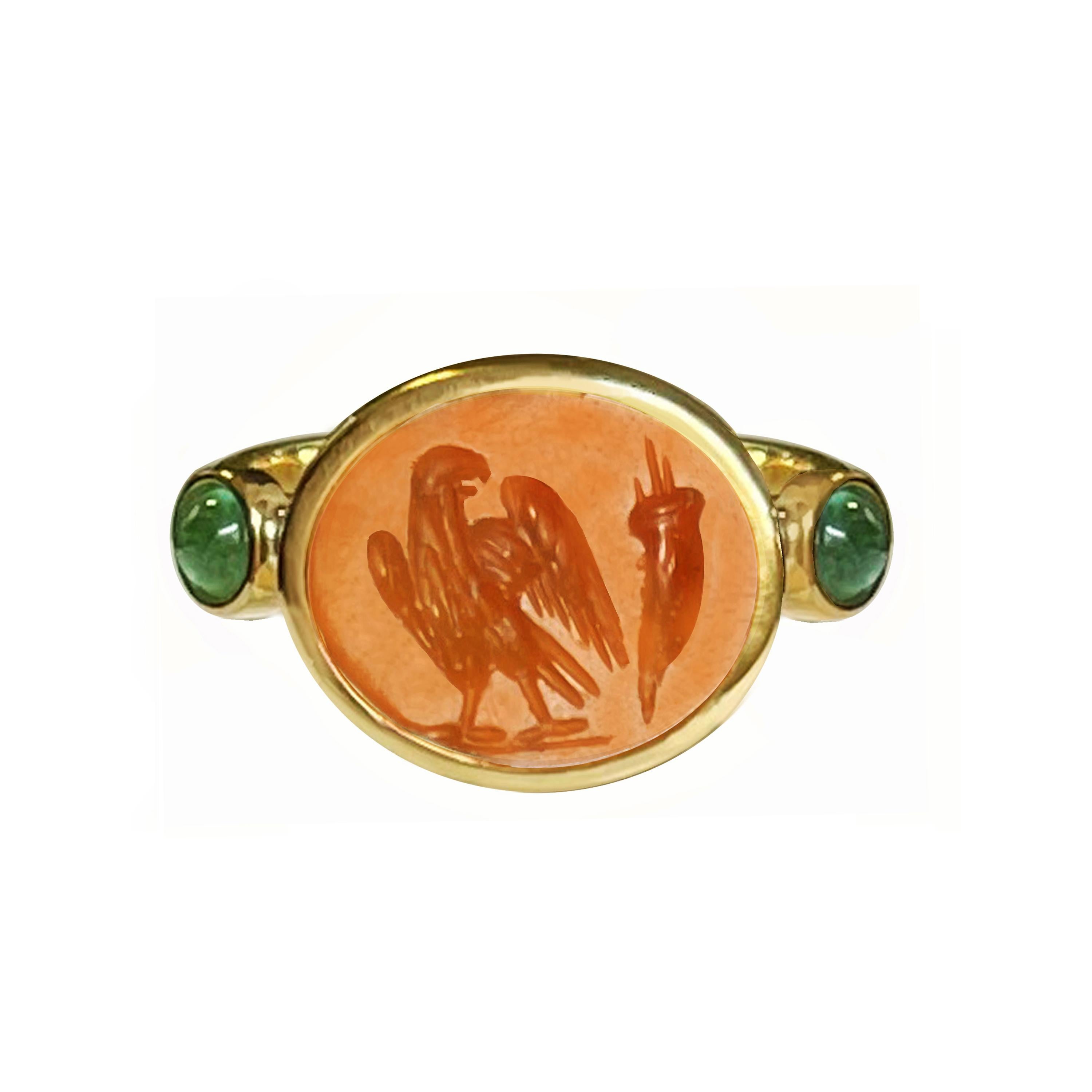 Roman Carnelian Intaglio Depicting Eagle and Cornucopia Gold and Emeralds Ring