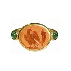 Roman Carnelian Intaglio Depicting Eagle and Cornucopia Gold and Emeralds Ring