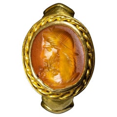 Roman Carnelian Intaglio Set In Revival Gold Men's Ring Head Of Jupiter Serapis