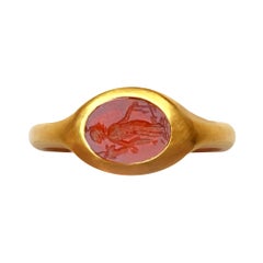 Roman Carnelian Intaglio Signet 18 Kt Gold Ring Depicting Tyche 'Fortune'