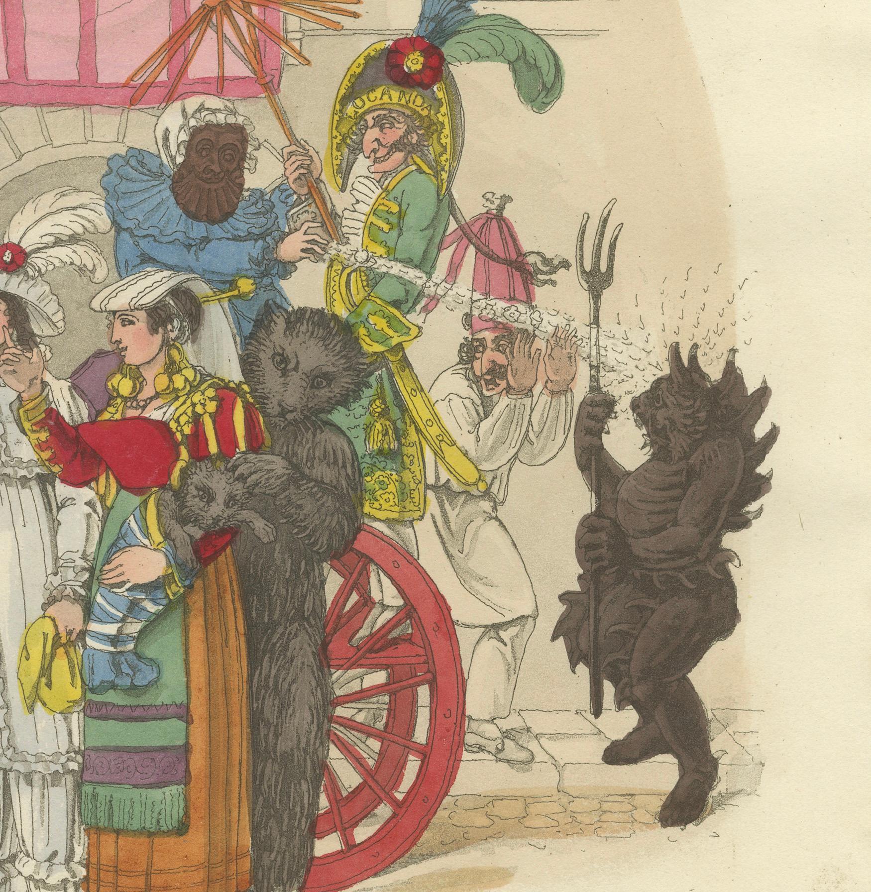 Costumes et festivités du carnaval romain - Gravure de 1820 sur la fête Bon état - En vente à Langweer, NL