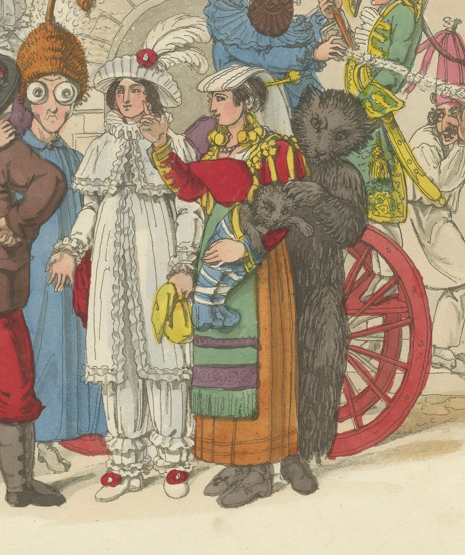 Début du XIXe siècle Costumes et festivités du carnaval romain - Gravure de 1820 sur la fête en vente
