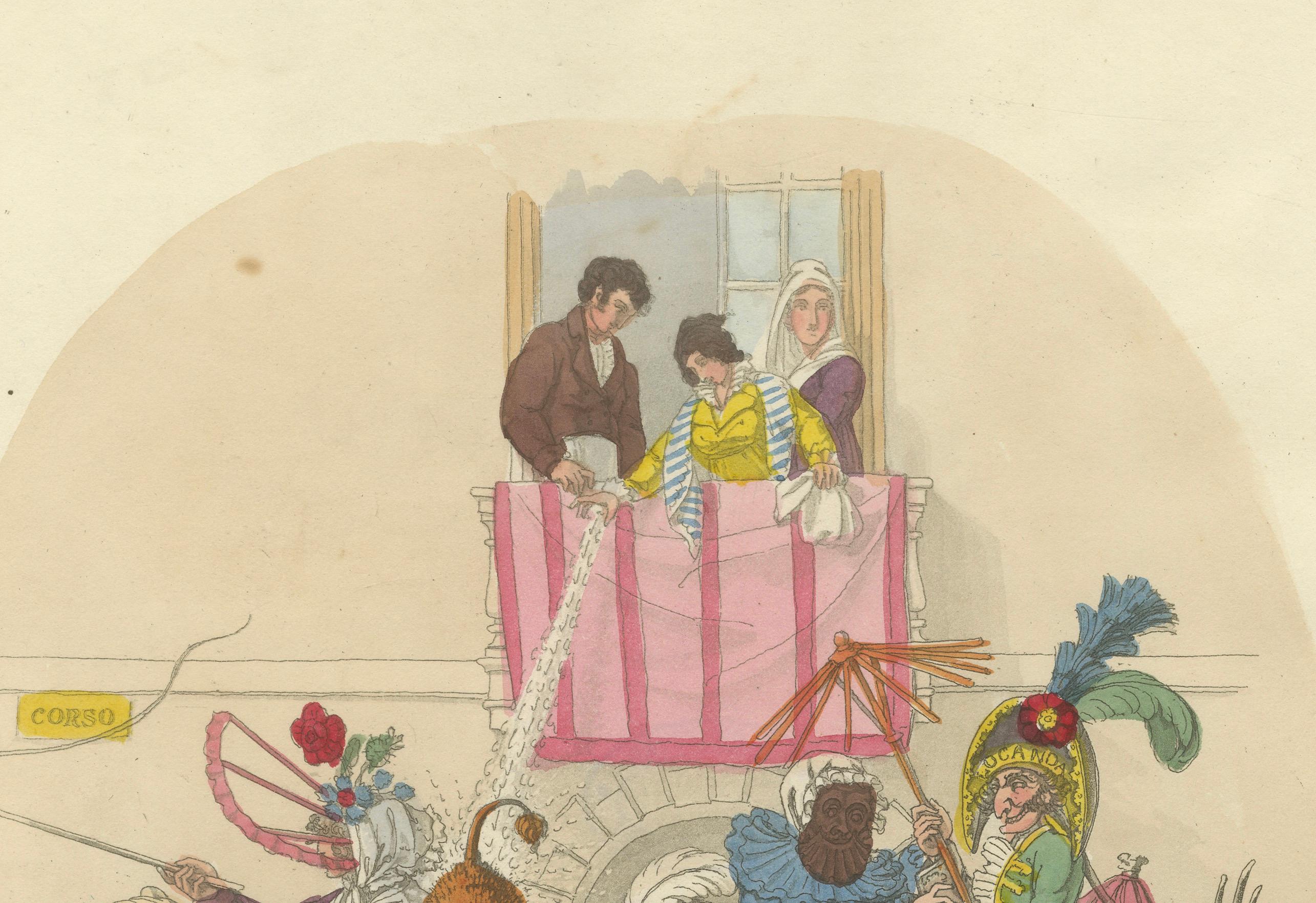 Costumes et festivités du carnaval romain - Gravure de 1820 sur la fête en vente 1