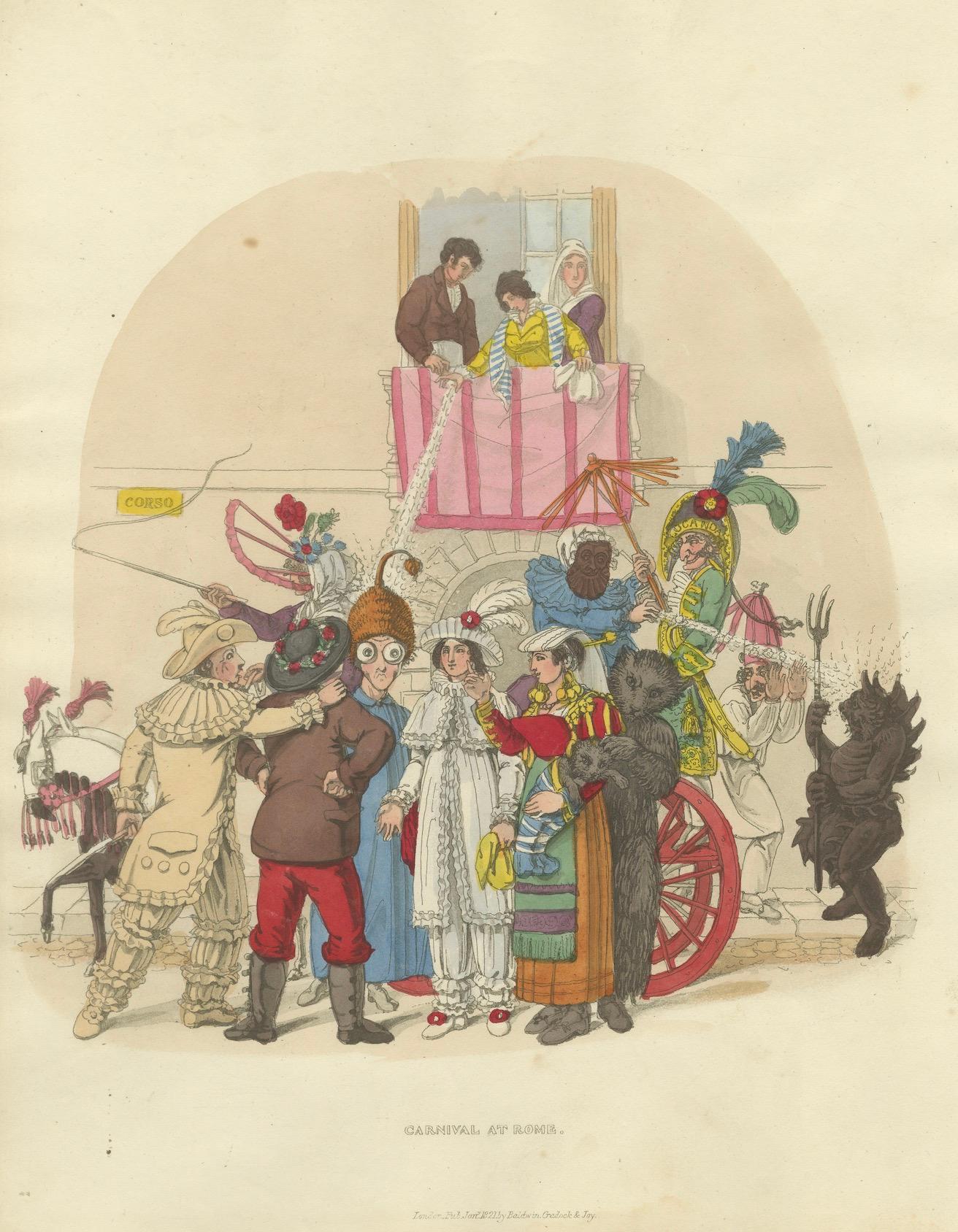 Costumes et festivités du carnaval romain - Gravure de 1820 sur la fête en vente 2