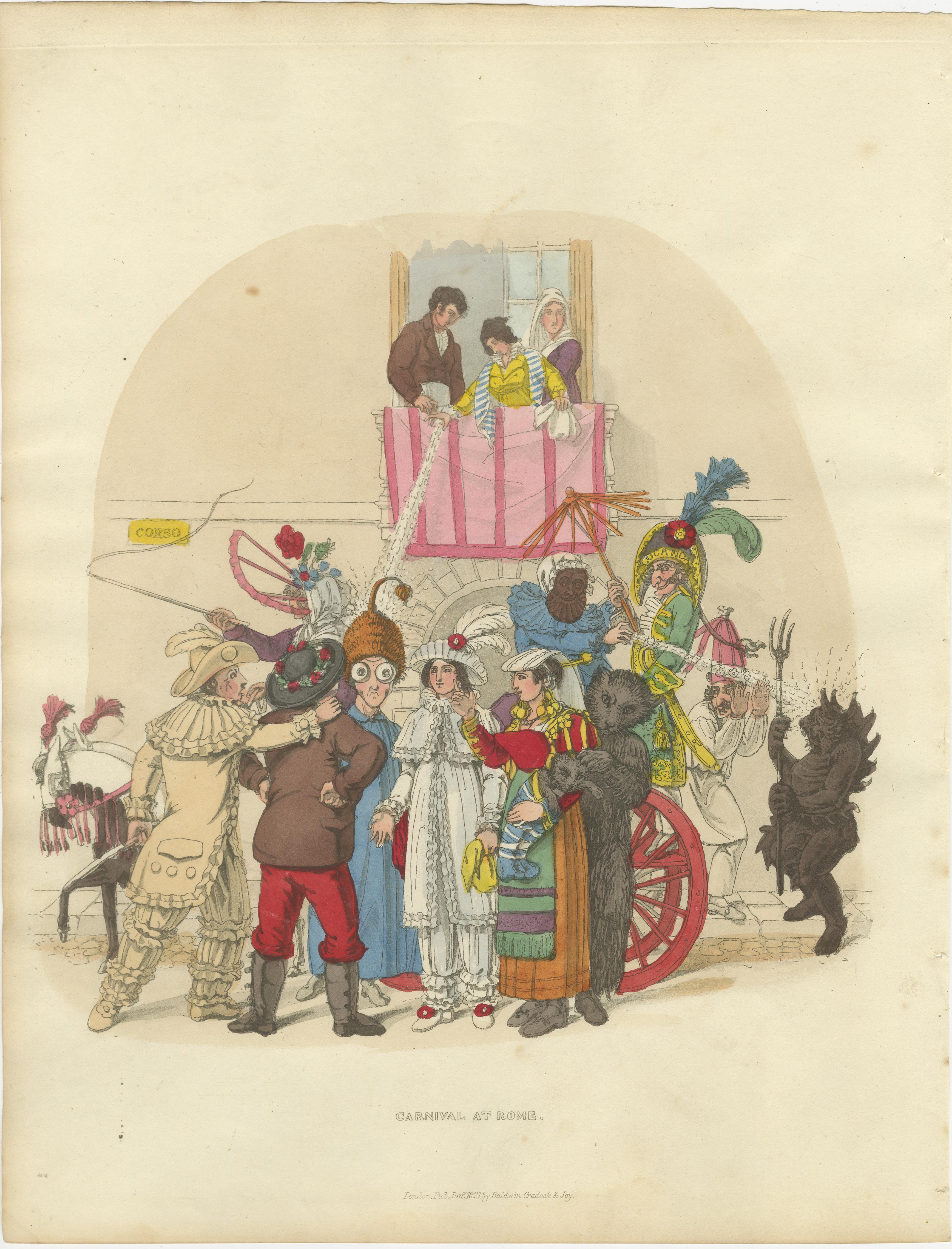 Costumes et festivités du carnaval romain - Gravure de 1820 sur la fête en vente 3