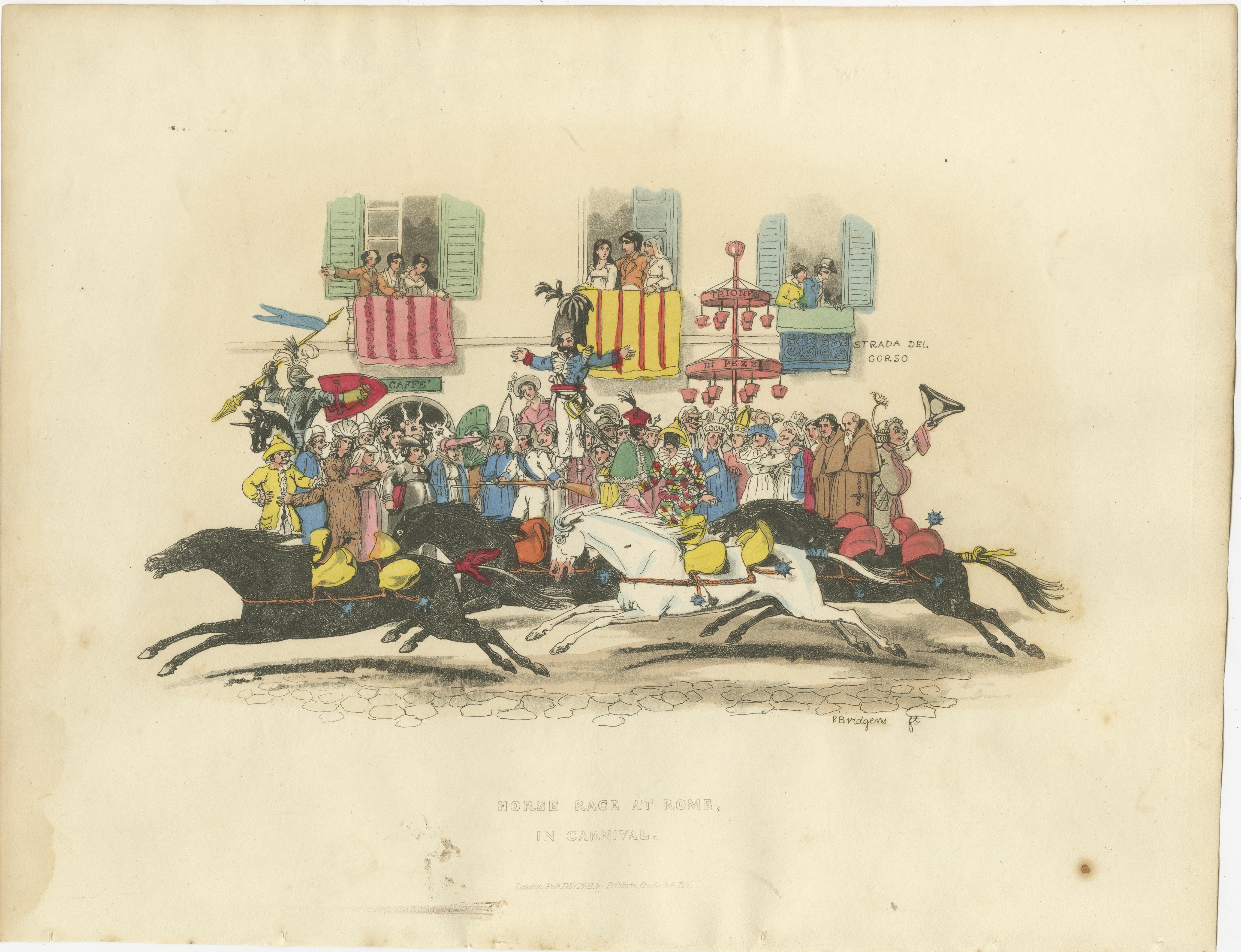 Carnaval romain Course de chevaux et Corso festif - Gravure de 1820 en vente 4