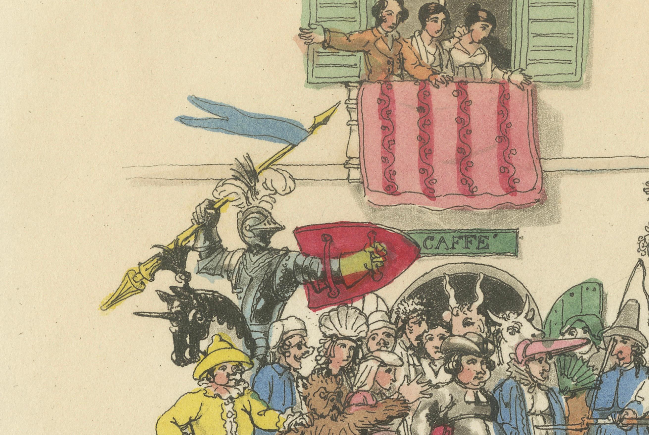 Papier Carnaval romain Course de chevaux et Corso festif - Gravure de 1820 en vente