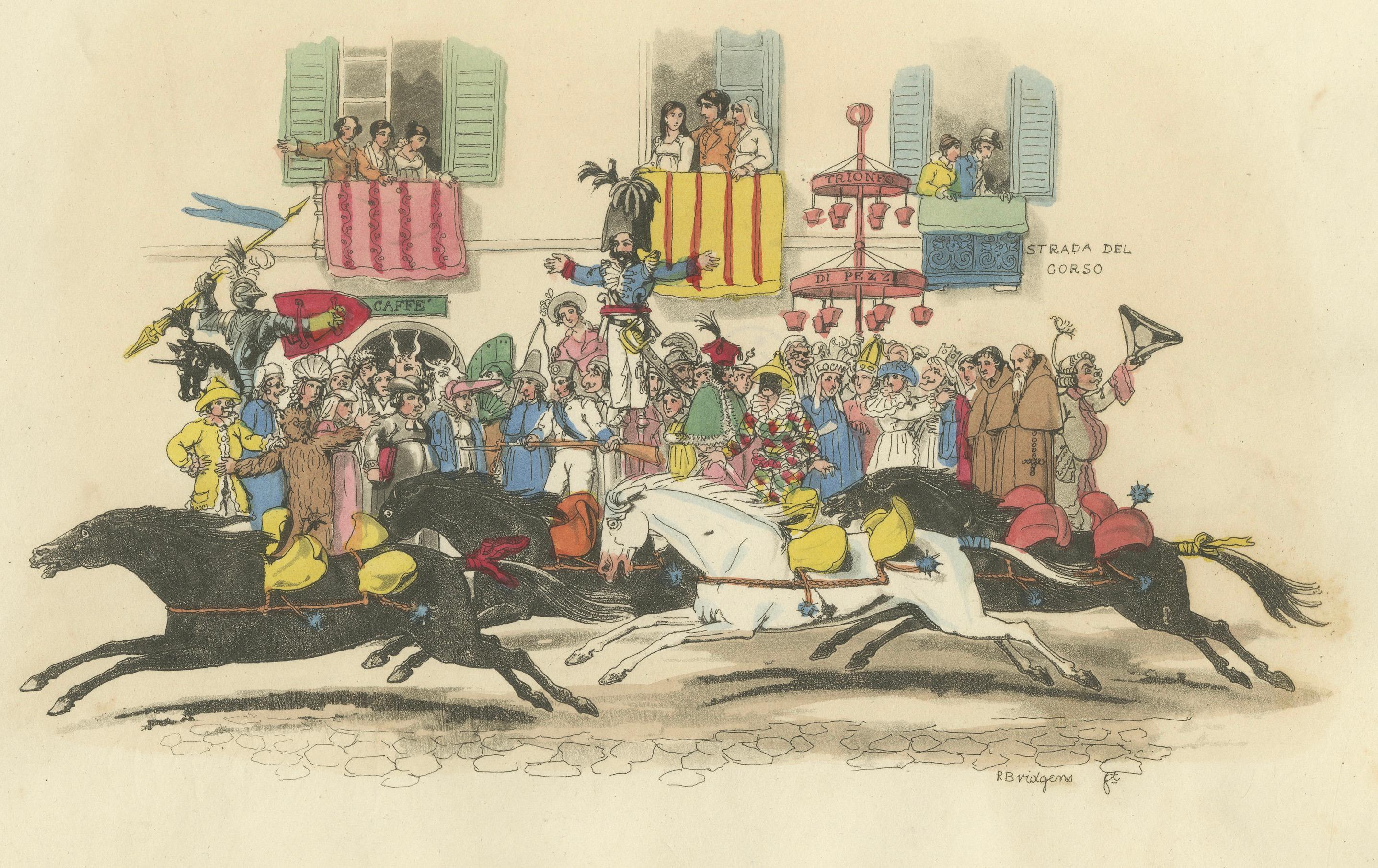 Carnaval romain Course de chevaux et Corso festif - Gravure de 1820 en vente 2