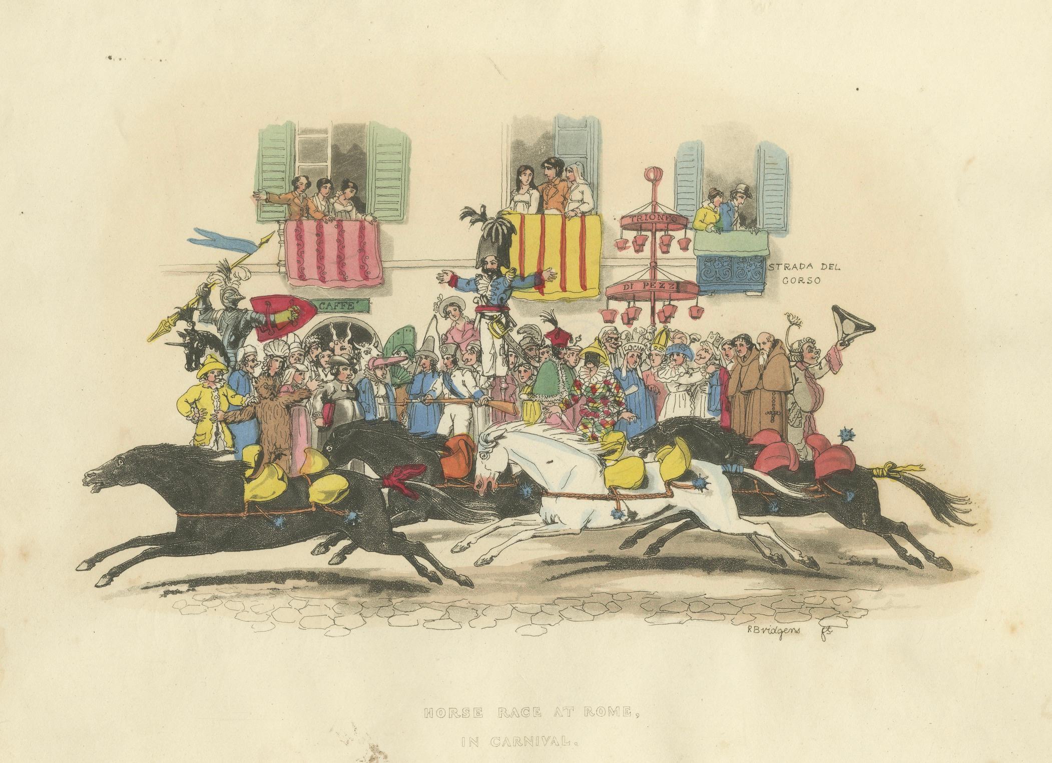Carnaval romain Course de chevaux et Corso festif - Gravure de 1820 en vente 3
