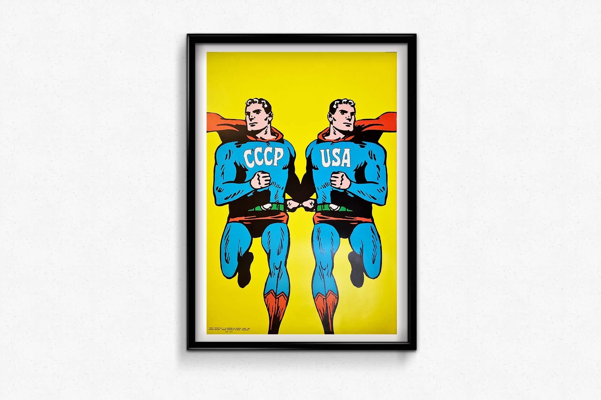 Original poster Superman CCCP - USA

Created by the editor Georges Fall, Opus International is a French contemporary art magazine founded in 1967 and disappeared in 1995.
From the beginning, it is Roman Cieslewicz who ensures the graphic design and