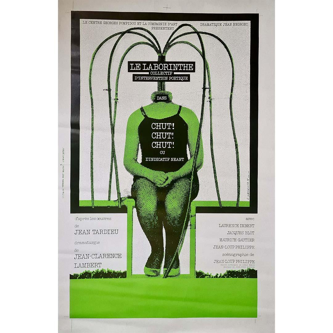 The 1975 exhibition poster "Le labyrinthe collectif d'intervention poétique dans chut ! chut ! chut ! ou l'indicatif néant" by Roman Cieślewicz is a striking visual representation of the collaborative poetic intervention inspired by the works of