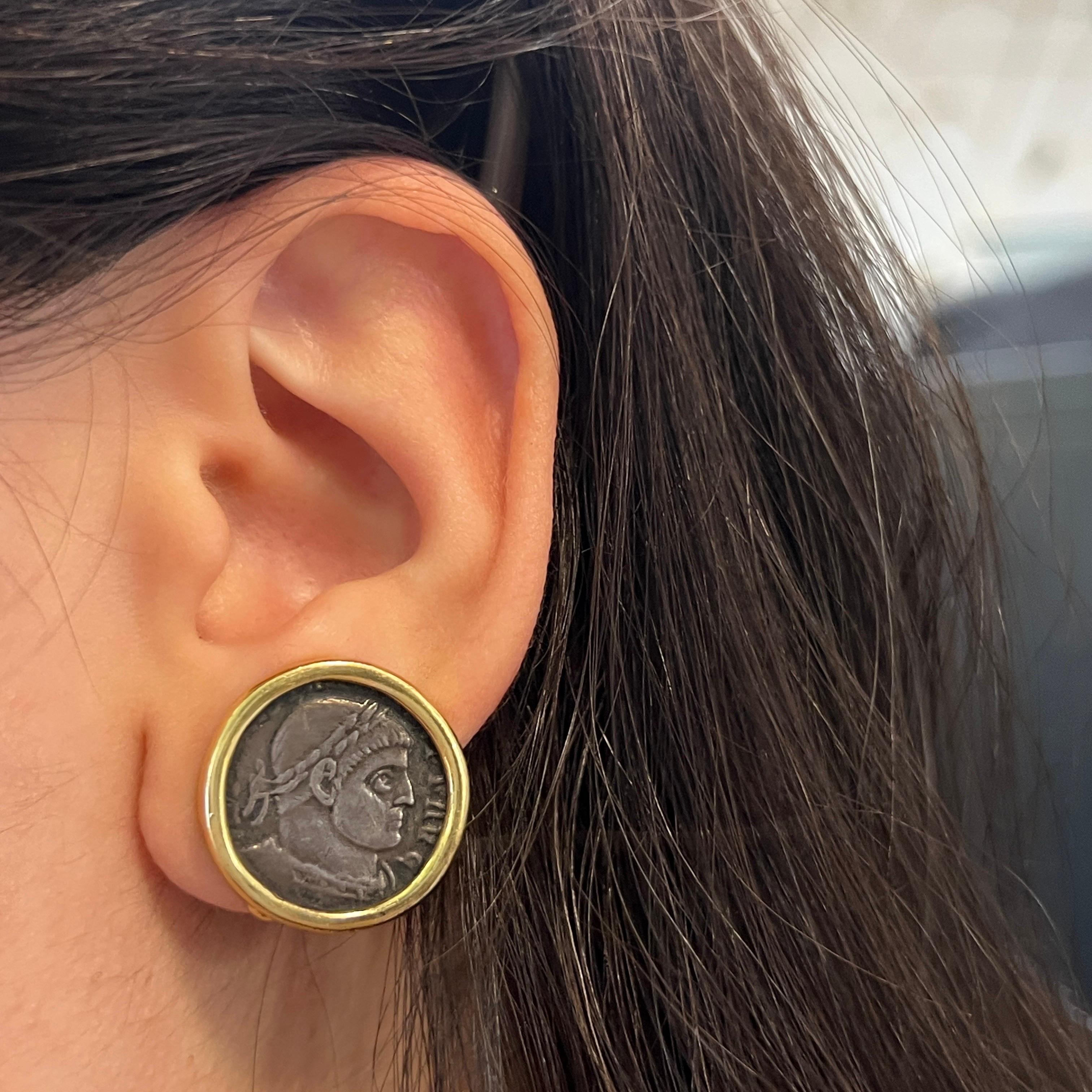 Roman Coin Earrings

A pair of yellow gold earrings set with Roman coins. 

Approximate Diameter: .75
Back Type: Clip-on 
Metal Type: 18 karat gold
