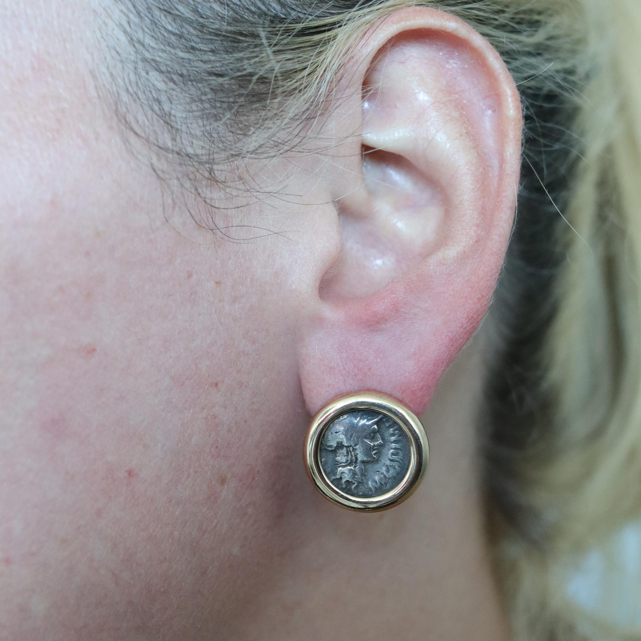Roman Coin Earrings In 18Kt Yellow Gold With 114 BC Silver Denarius of M. Cipius For Sale 1