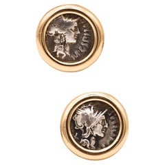 Roman Coin Earrings in 14Kt Yellow Gold with 114 BC Silver Denarius of M. Cipius
