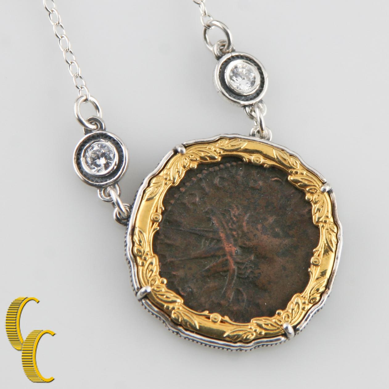 Roman Coin in 2-Tone Silver Bezel Pendant Necklace In Good Condition For Sale In Van Nuys, CA