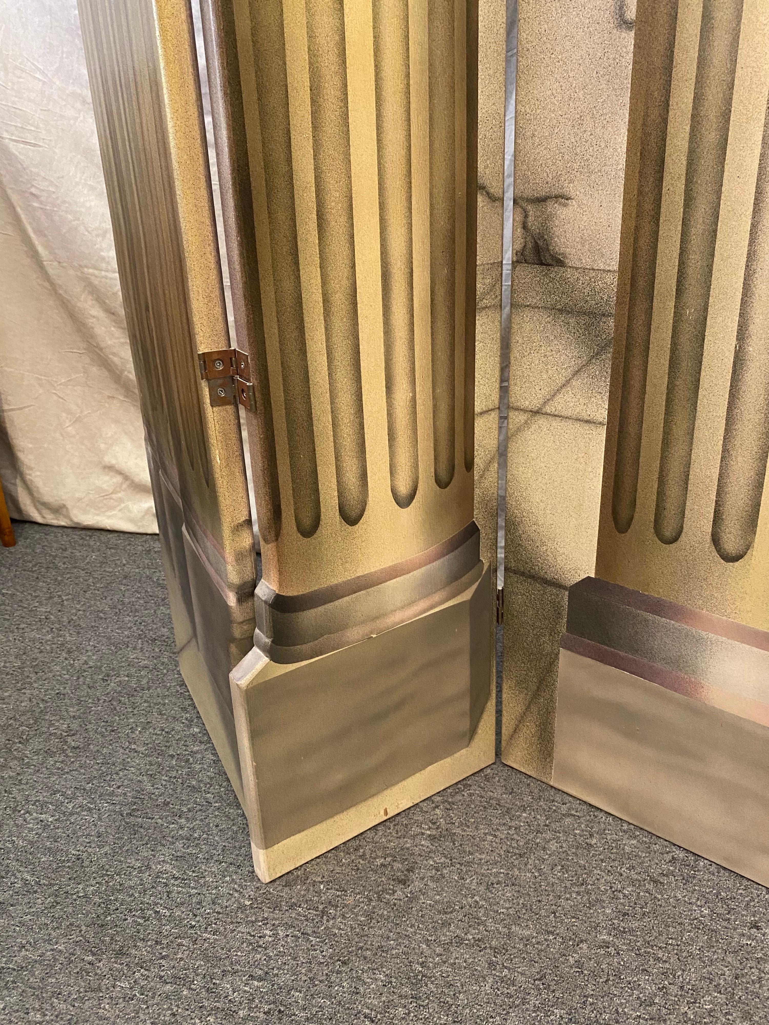 Painted and Air-Brushed 6-panel Roman columns. Each section in hinged to fold in either direction. Making it very easy to arrange in multiple configurations. Signed and dated 1991 very nice quality! Painted on both sides!