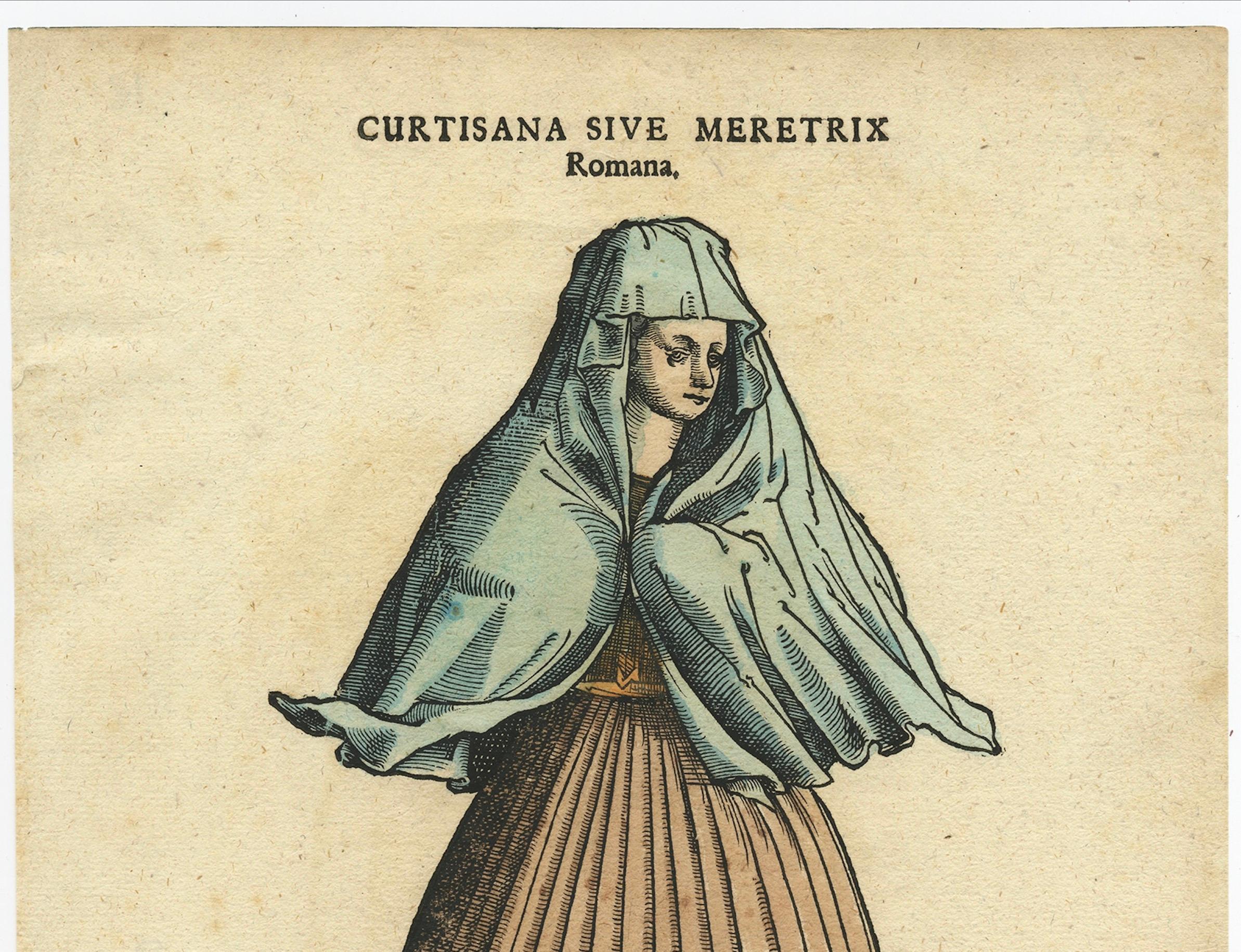 Roman Courtesan – Antique Hand-Coloured Woodcut by Jost Amman, Plate CXLI, 1577

This rare 16th-century hand-coloured woodcut portrays a courtesan of Rome, titled Curtisana Sive Meretrix Romana. She is shown in modest-appearing attire: a long
