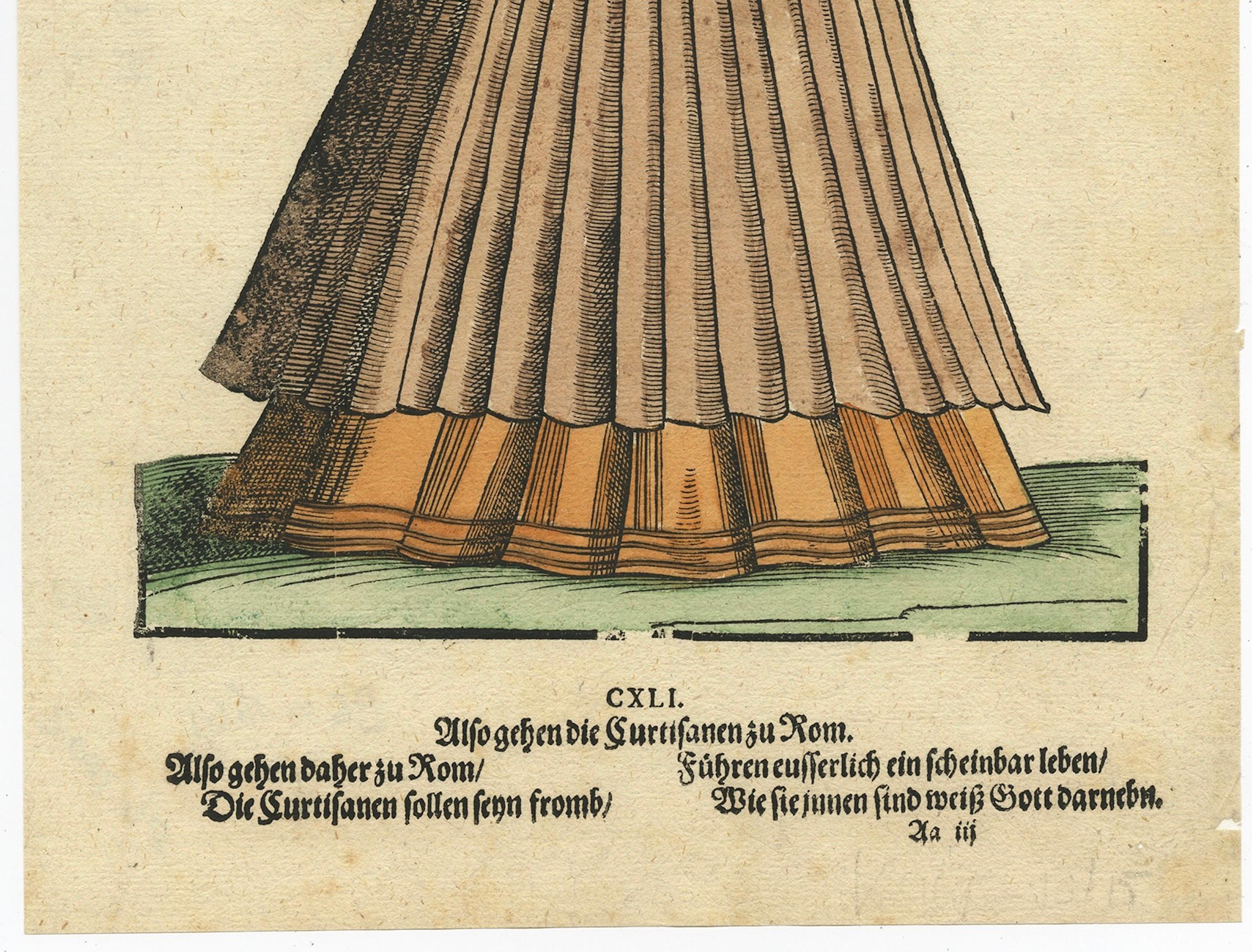 German Roman Courtesan – Antique Hand-Coloured Woodcut by Jost Amman, 1577 For Sale