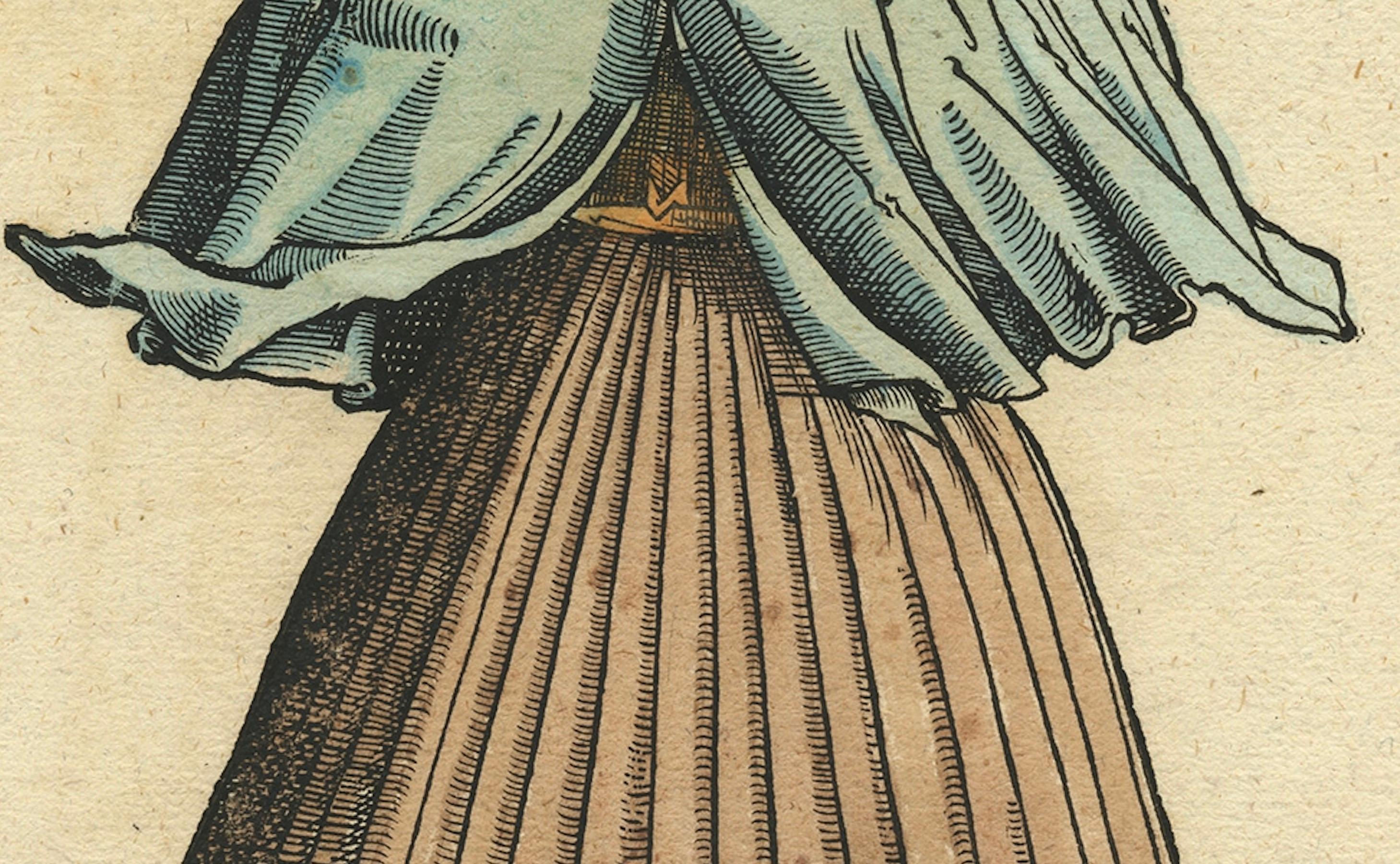 Engraved Roman Courtesan – Antique Hand-Coloured Woodcut by Jost Amman, 1577 For Sale