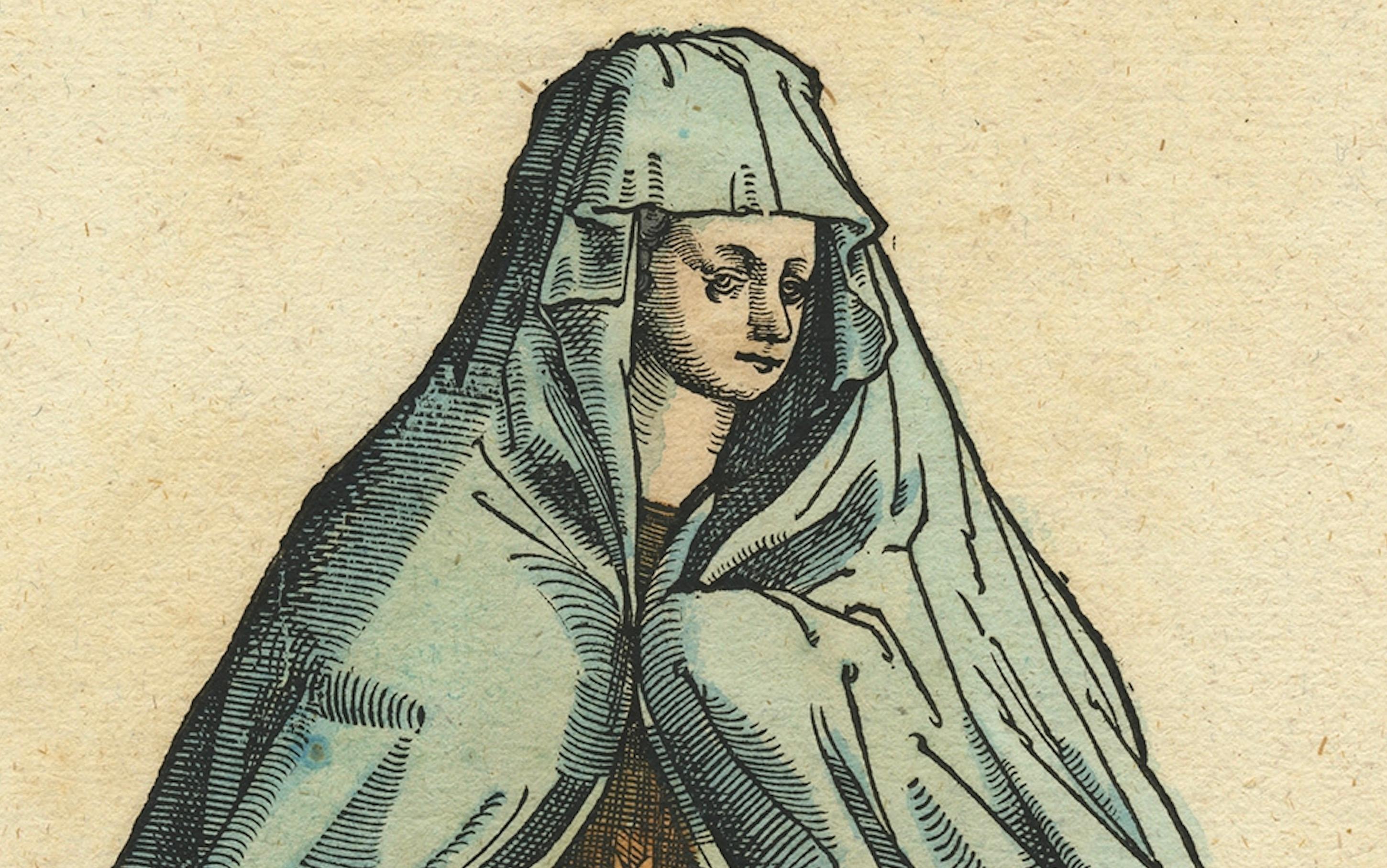 Roman Courtesan – Antique Hand-Coloured Woodcut by Jost Amman, 1577 In Good Condition For Sale In Langweer, NL